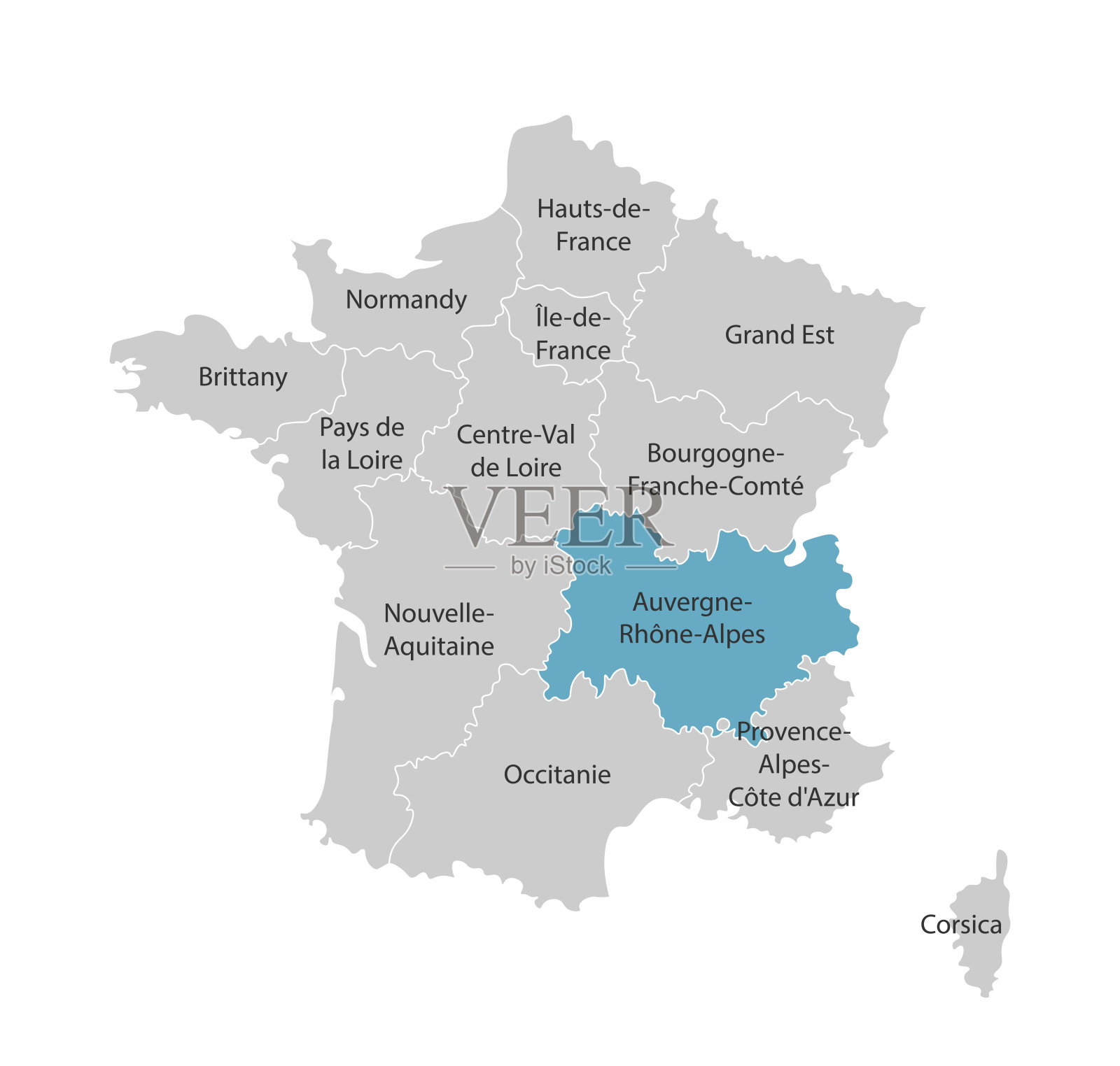 法国简化行政地图矢量孤立插图。蓝色形状的Auvergne-Rhône-Alpes。省(区)边界。灰色的剪影。白色的轮廓插画图片素材