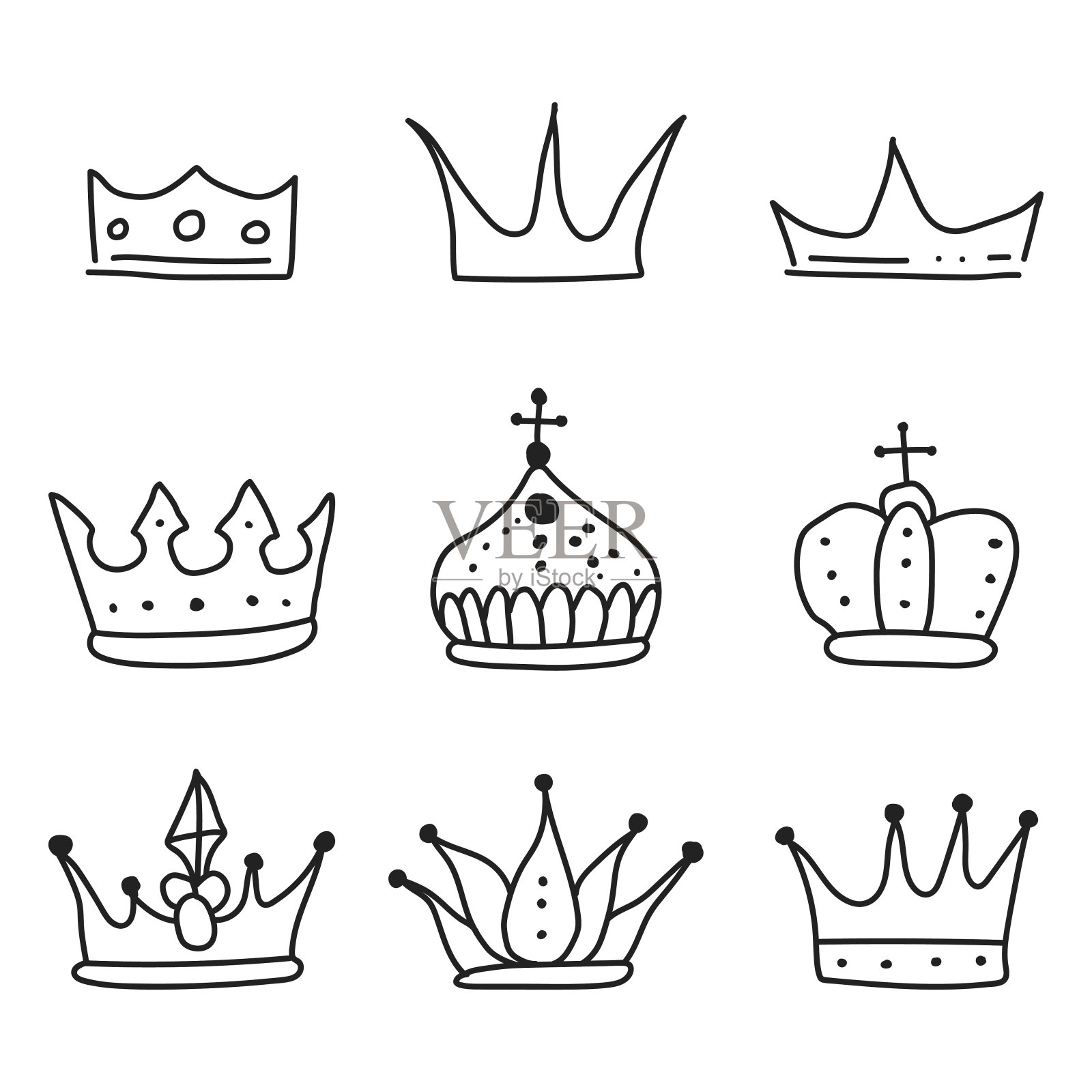 皇冠草图向量黑色剪影设置孤立在白色背景。插画图片素材
