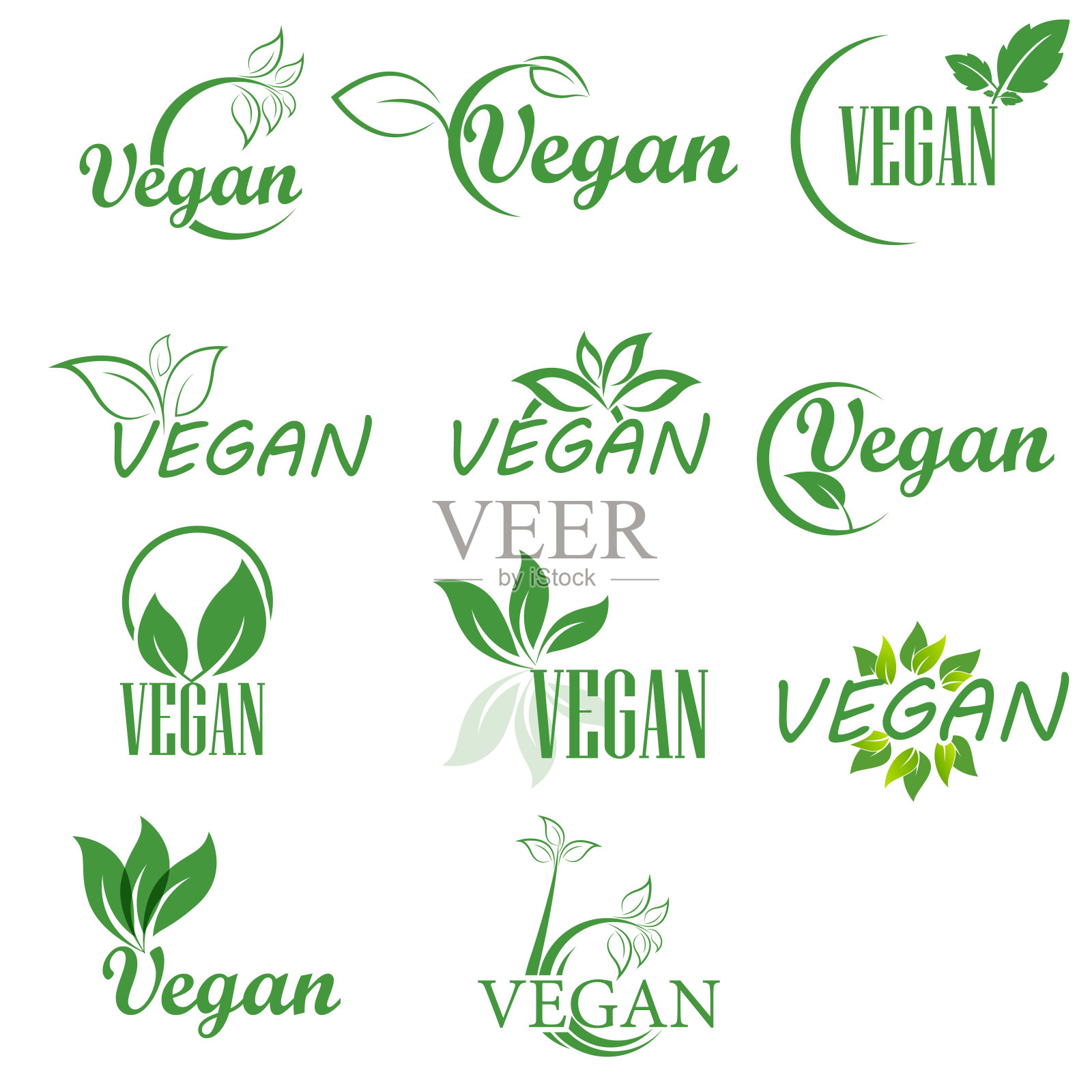 素食图标。摘要叶集孤立在白色背景。插画图片素材