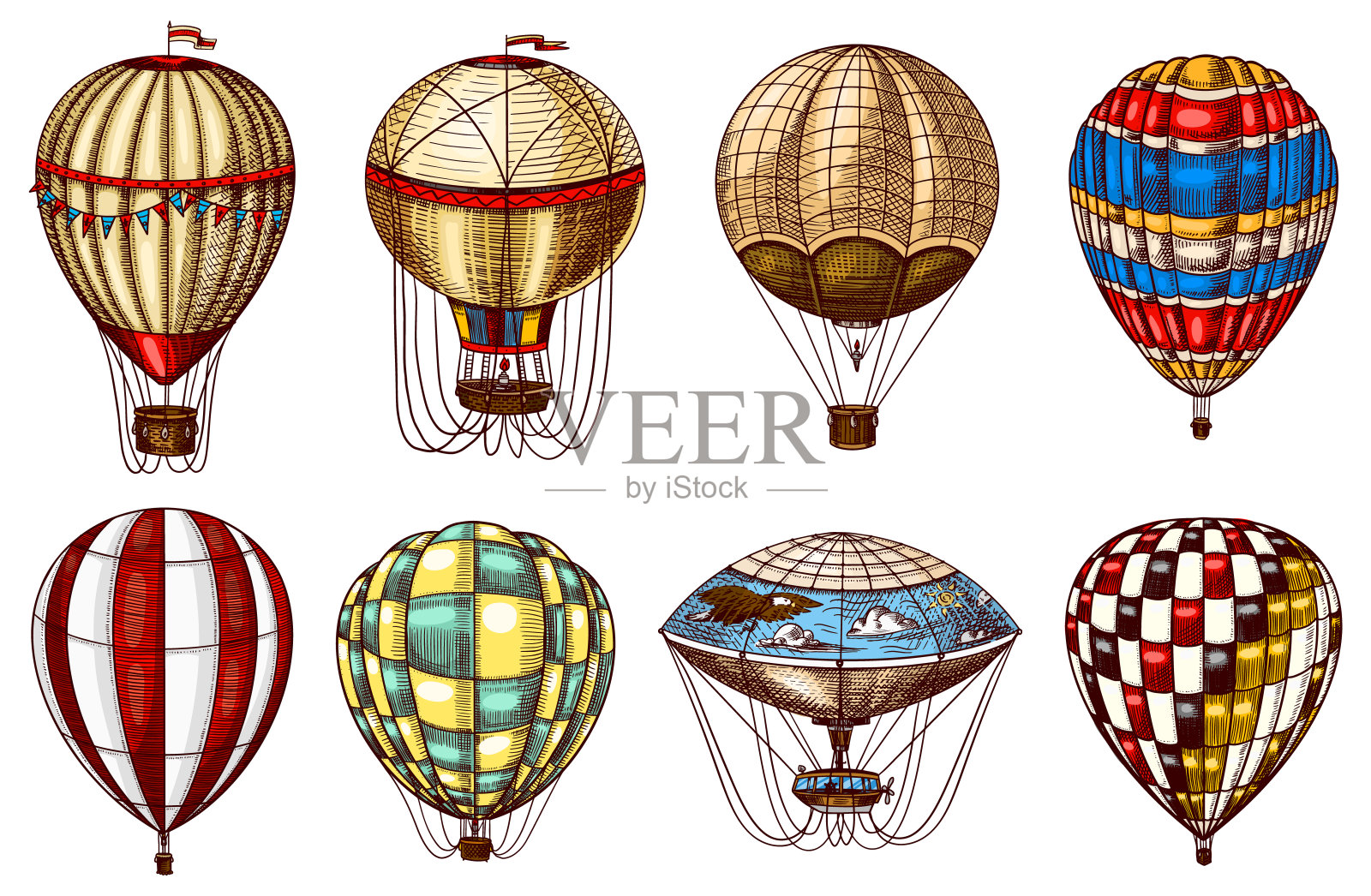 老式的热气球。可爱的飞行复古运输夏季假期。手绘雕刻草图设计元素图片