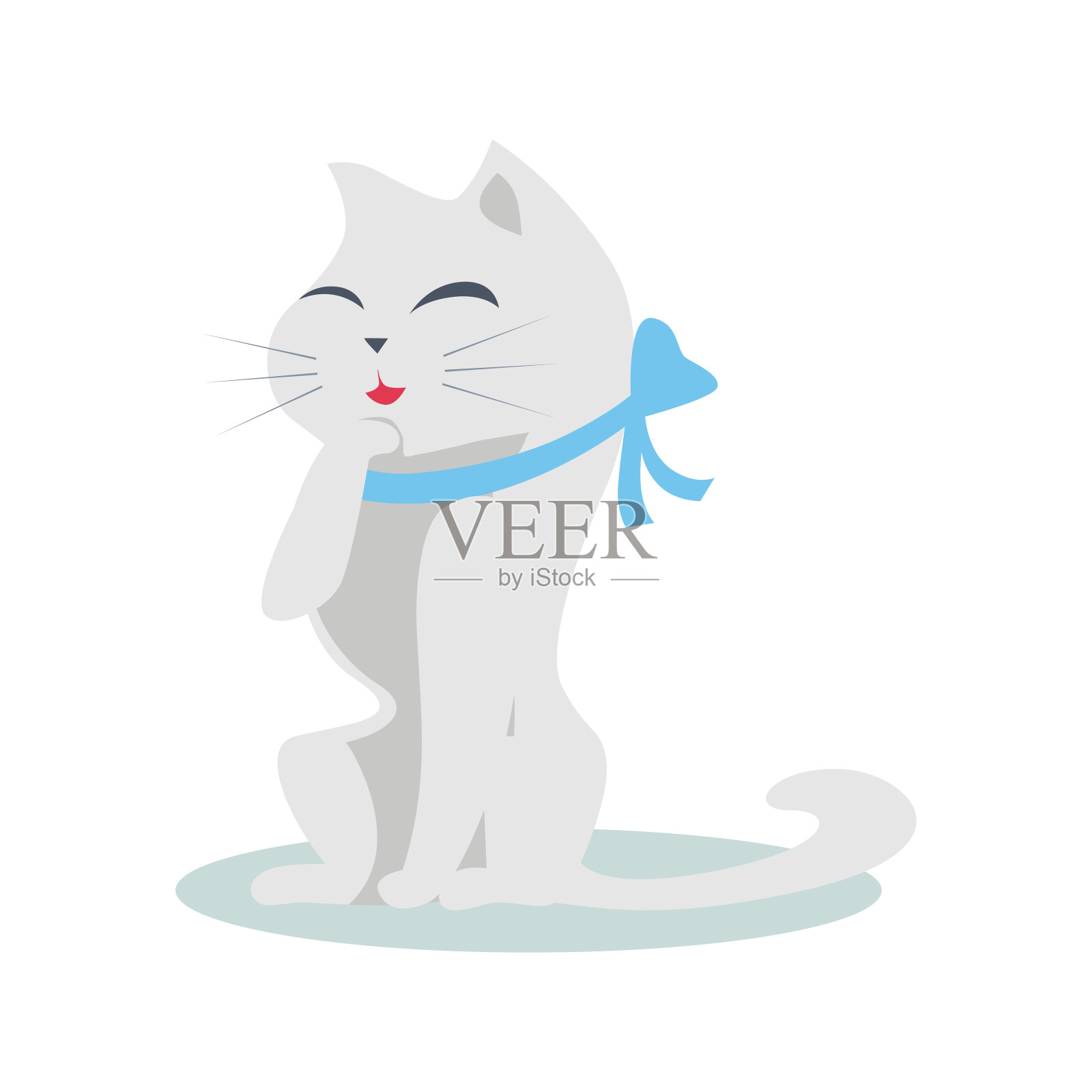 可爱的卡通猫与蓝丝带插画图片素材