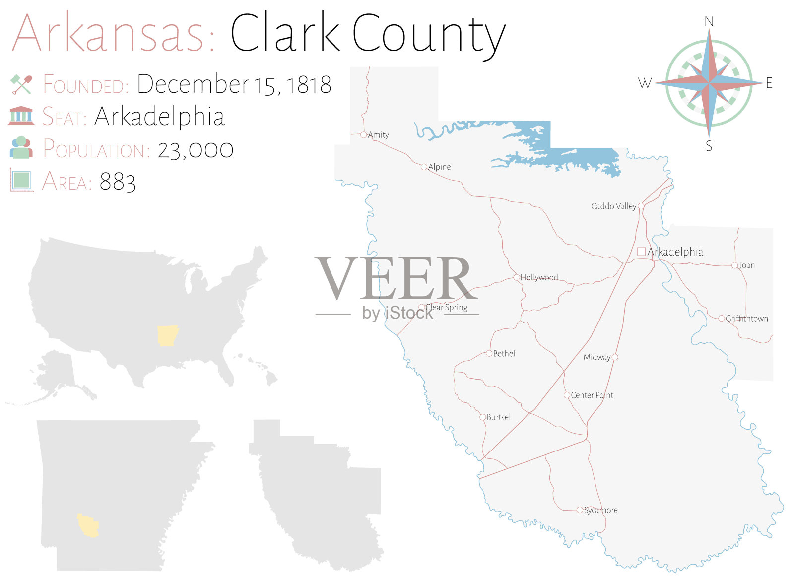 阿肯色州克拉克县地图插画图片素材