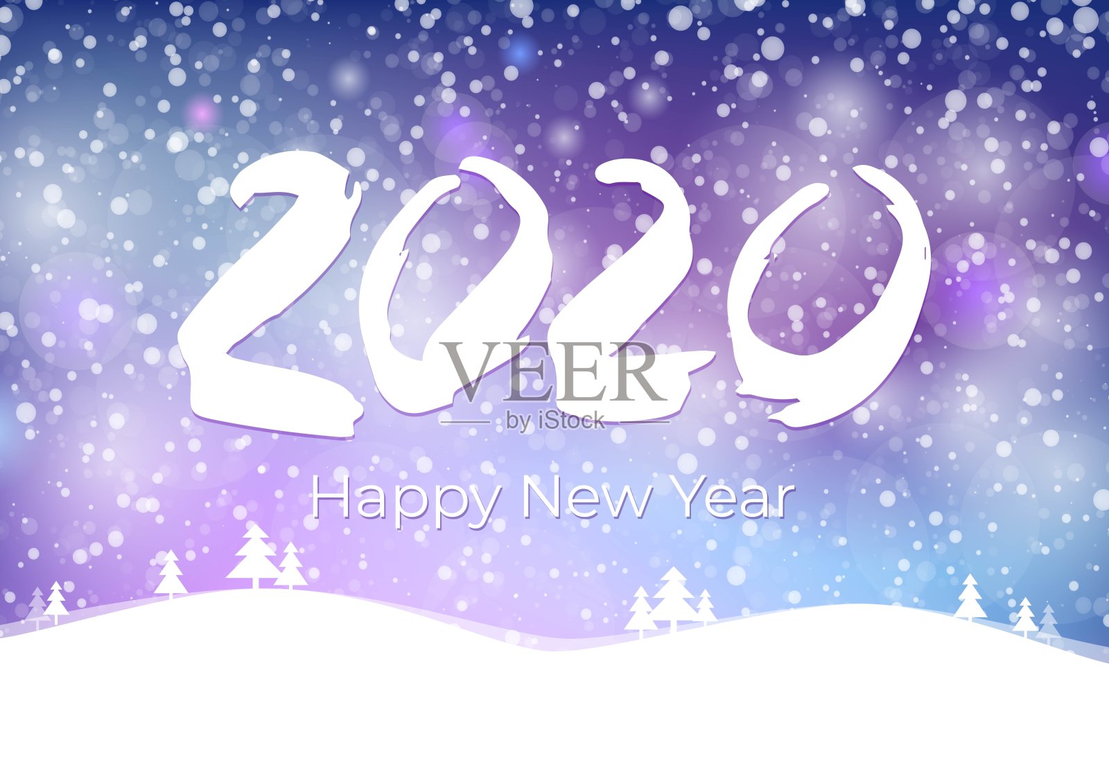 2020快乐新年明信片与落在蓝天上的雪,冰冻数字2020,雪堆,平面风格设计矢量插图网格背景。金属鼠年。插画图片素材