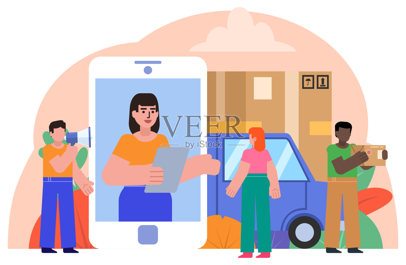 网上送货,快递服务理念。人们站在智能手机、快递包裹、汽车附近。海报的横幅,社交媒体,网页,演示插画图片素材
