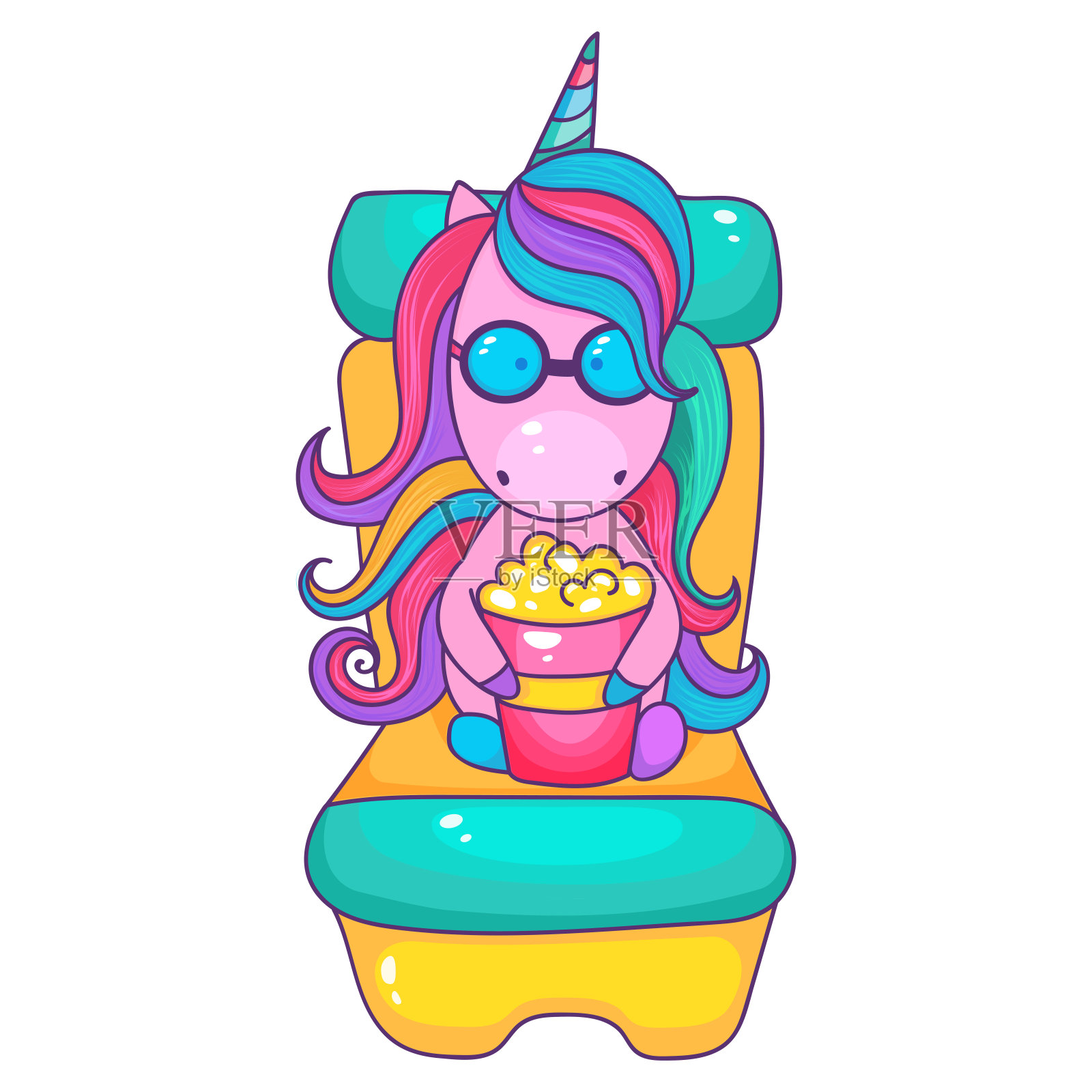 可爱的卡通独角兽戴着眼镜看电视,坐在椅子上。设计元素图片