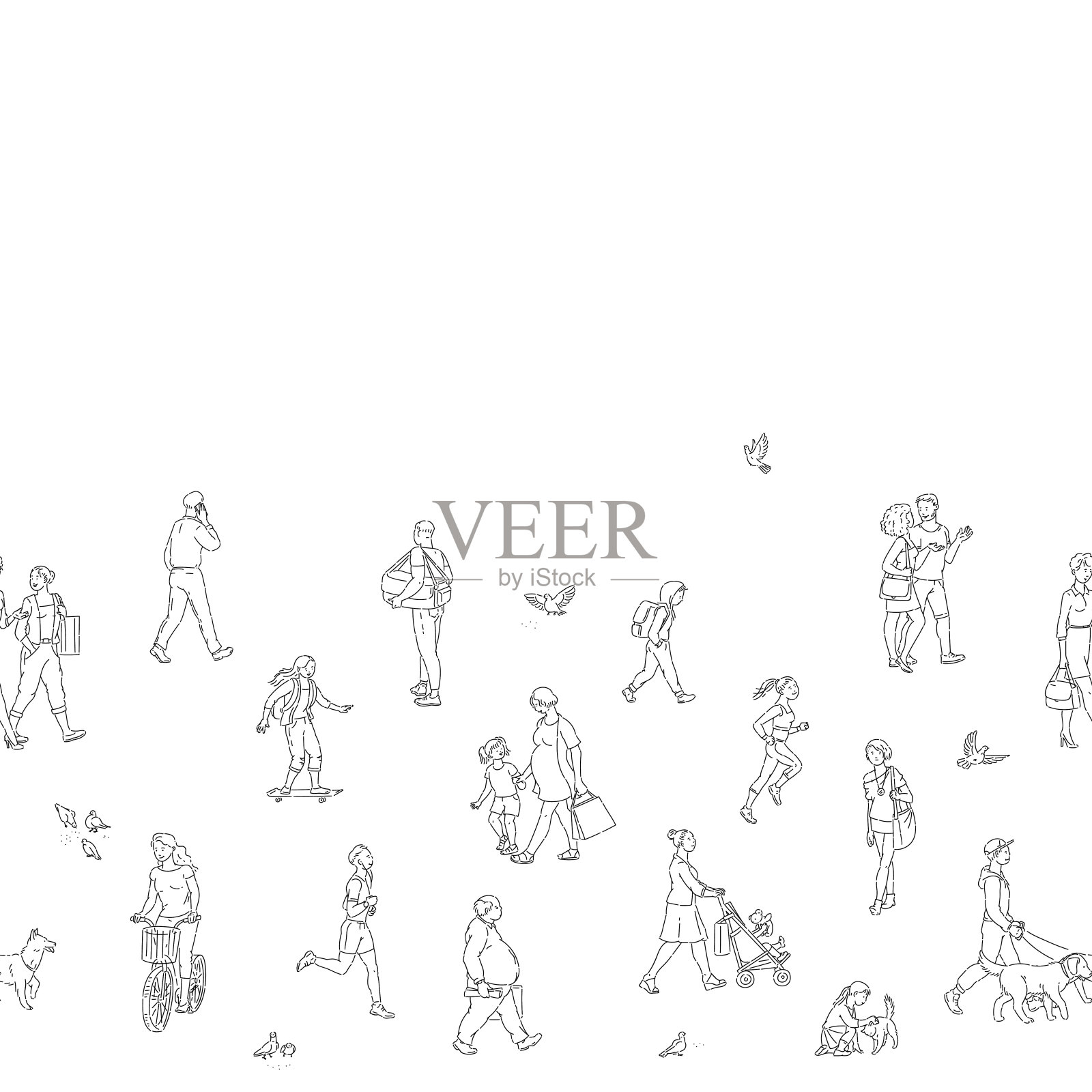 向量城市人人群无缝模式。儿童和鸽子等人物线条艺术风格黑白插图背景。插画图片素材