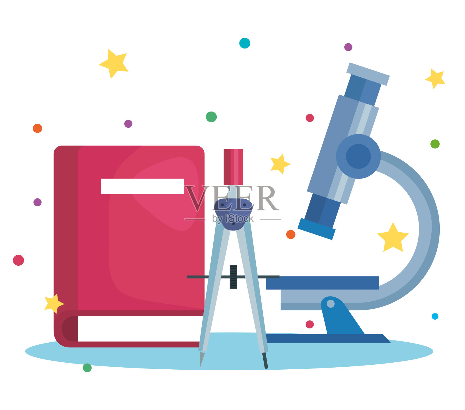 显微镜、圆规、铅笔和书籍插画图片素材