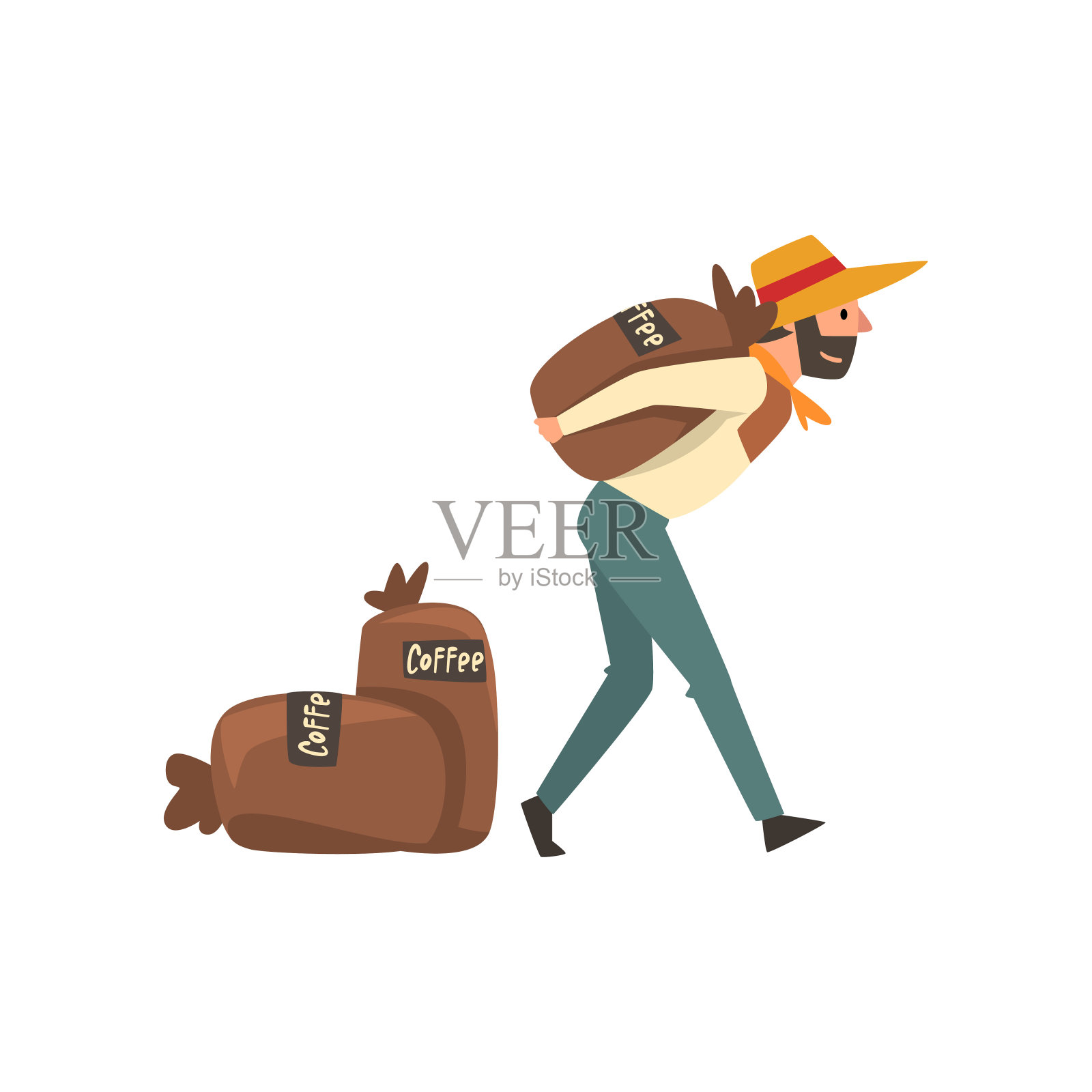 男农民在草帽携带帆布袋,咖啡工业生产阶段矢量插图插画图片素材