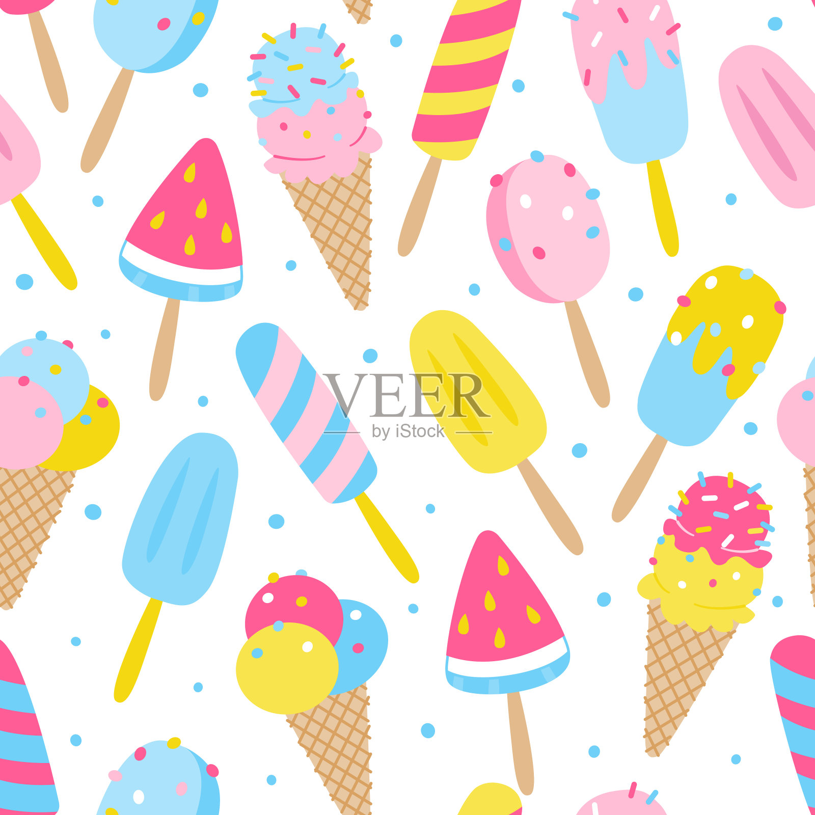 无缝图案与彩色卡通冰淇淋孤立在白色背景-夏季设计插画图片素材