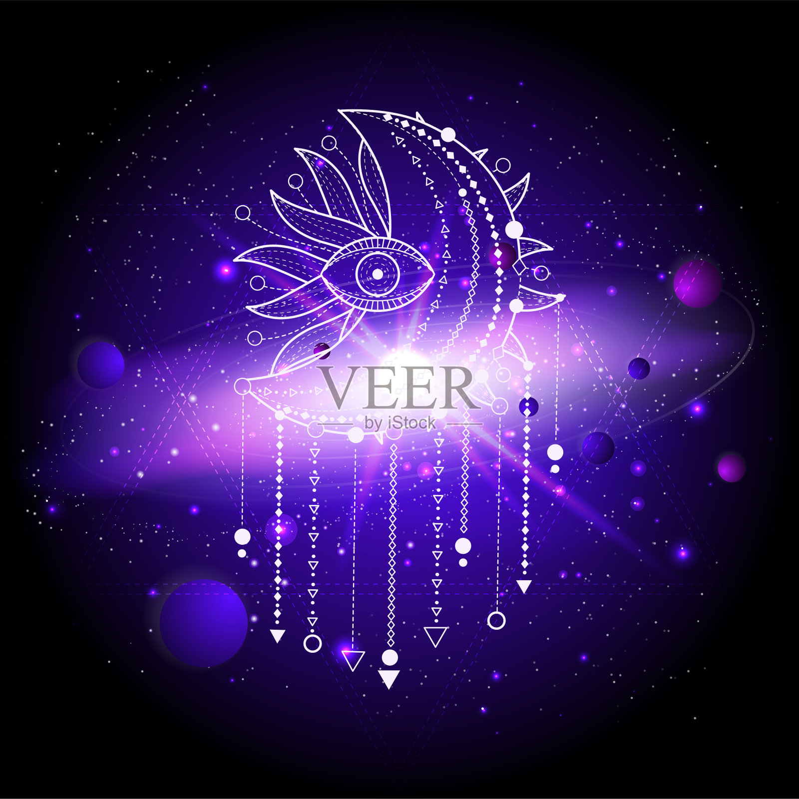 矢量插图的神圣或神秘符号与行星和恒星的空间背景。插画图片素材