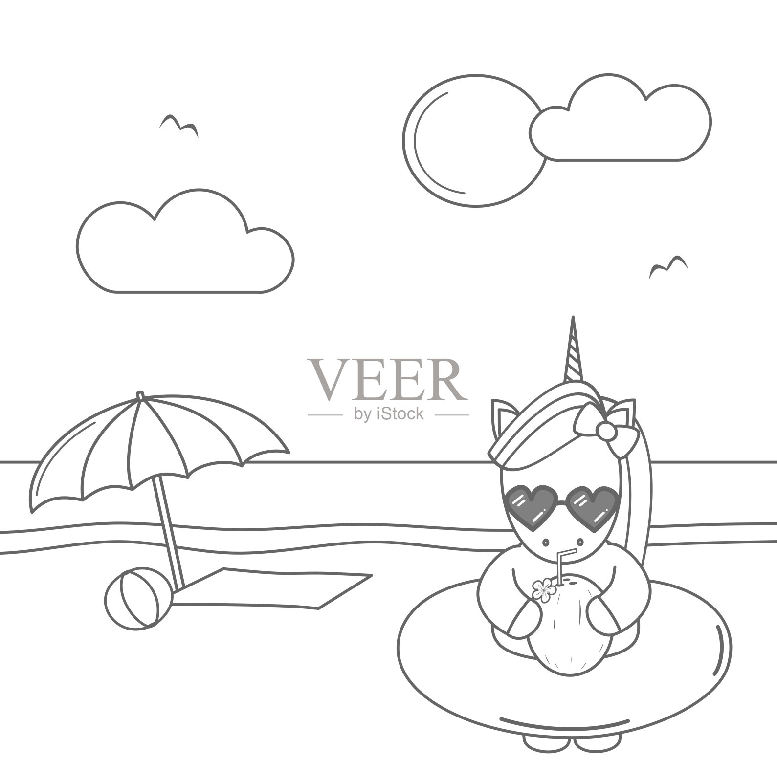 可爱酷的卡通独角兽与太阳镜,浮和椰汁在海滩上有趣的黑白夏季矢量插图着色艺术插画图片素材