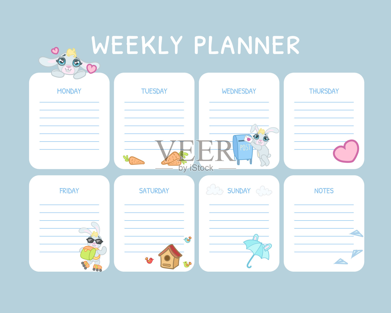 孩子每周计划,日历,每日浅蓝色模板,组织者和时间表与笔记矢量插图的地方插画图片素材