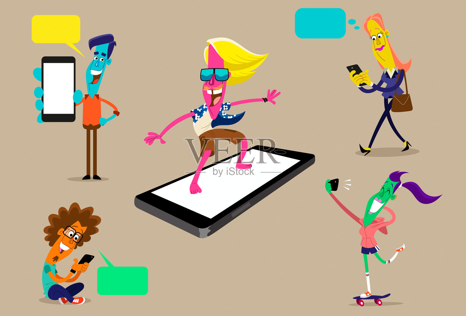 05平面卡通人物使用他们的手机插画图片素材