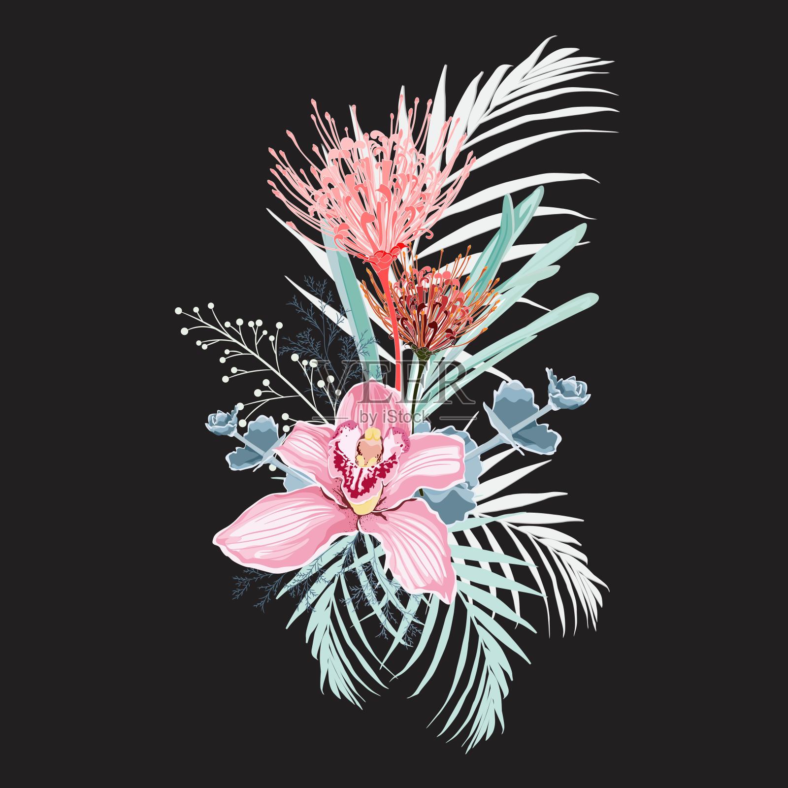 粉红色兰花,花椰菜,草本植物,多汁,棕榈叶和绿色植物的香味。婚礼花卉热带邀请卡设计。矢量隔离和可编辑的黑色背景。插画图片素材