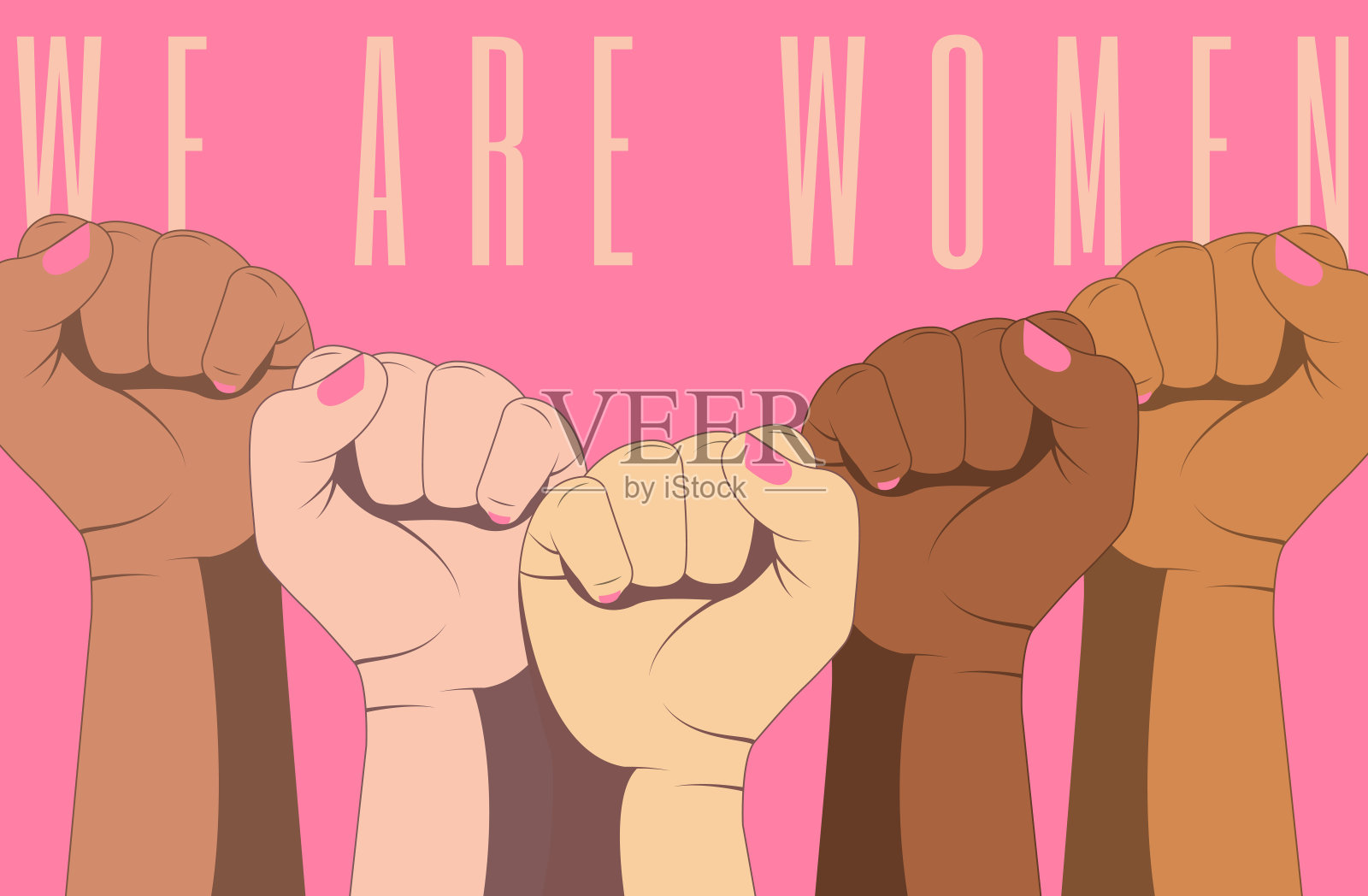 粉色矢量海报与紧握的拳头女性的手。插画图片素材