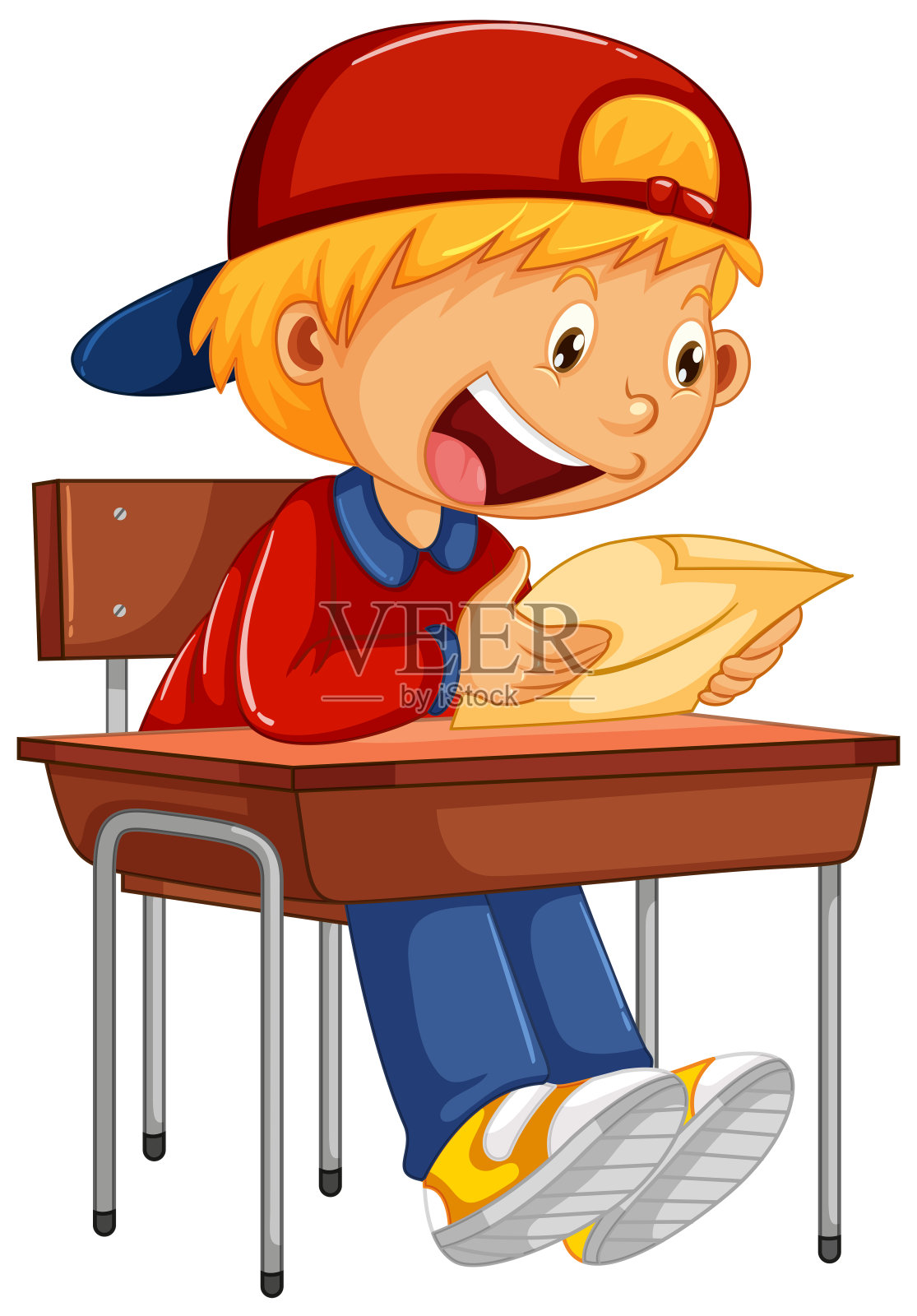 快乐的男孩坐在椅子上看报纸设计元素图片