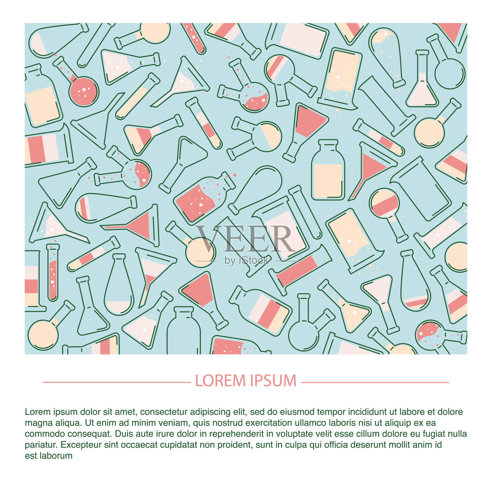 矢量社交媒体张贴模板与彩色扁平的试管和烧瓶药物和实验室推广插画图片素材