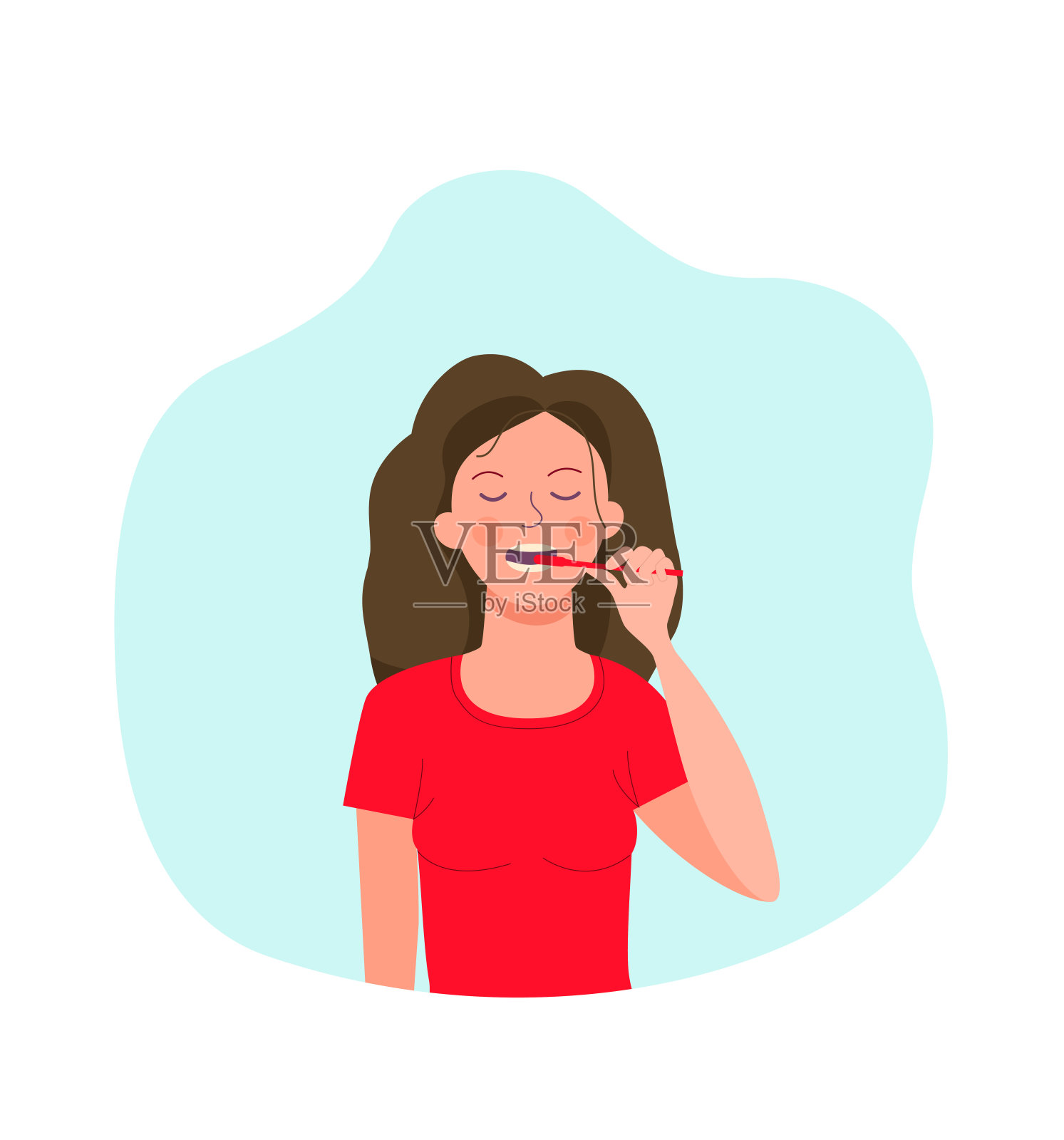 年轻女子正在刷牙。矢量平面风格的插图。插画图片素材