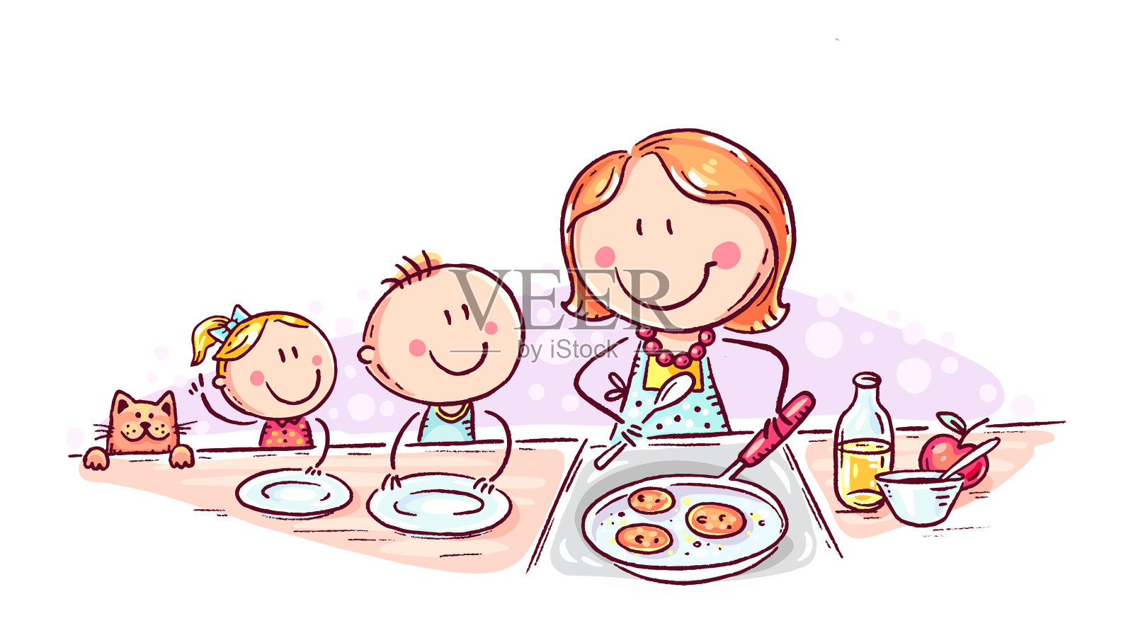 孩子们在等妈妈做的煎饼插画图片素材