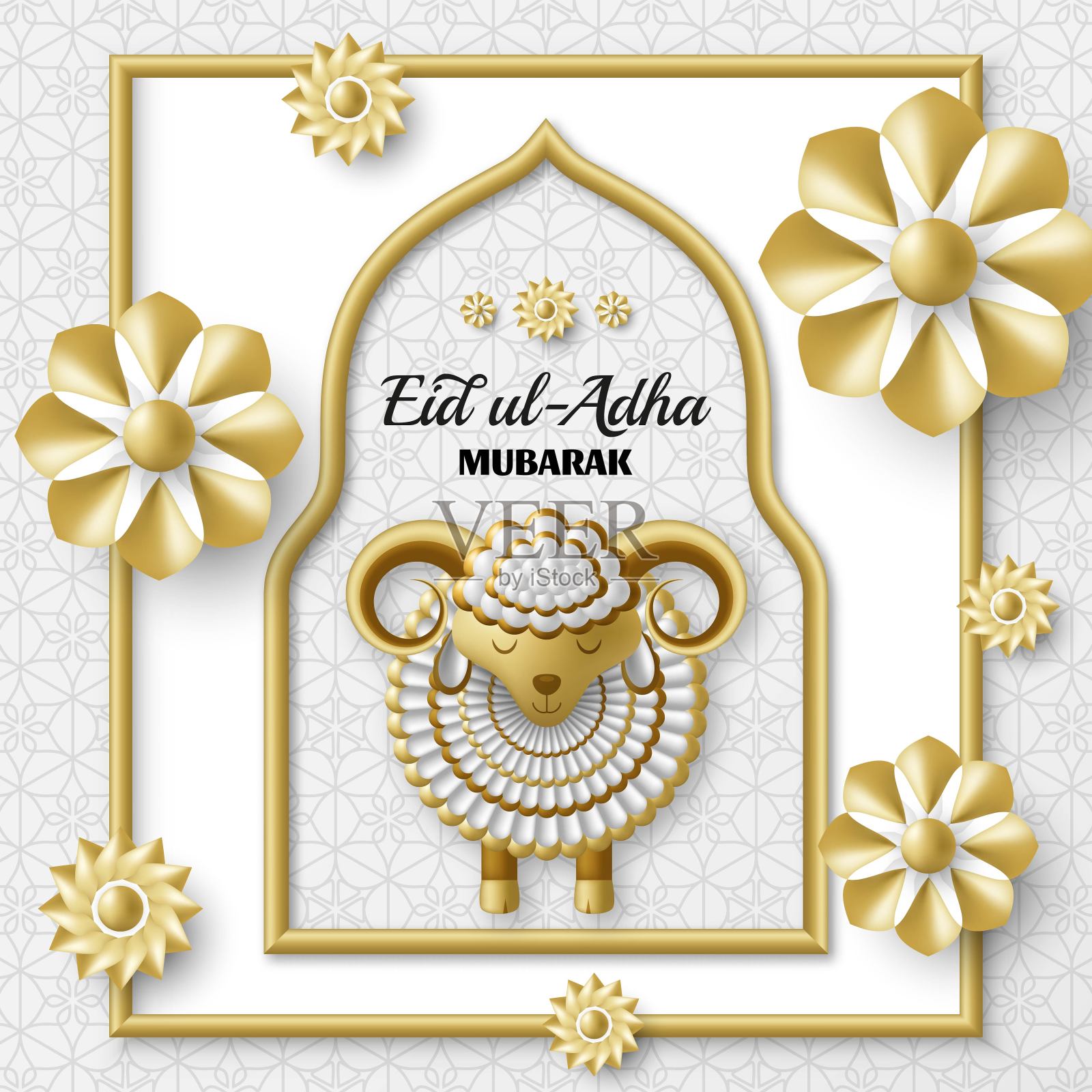 古尔邦节背景。伊斯兰阿拉伯灯笼和绵羊。贺卡。祭祀节。矢量插图。设计模板素材