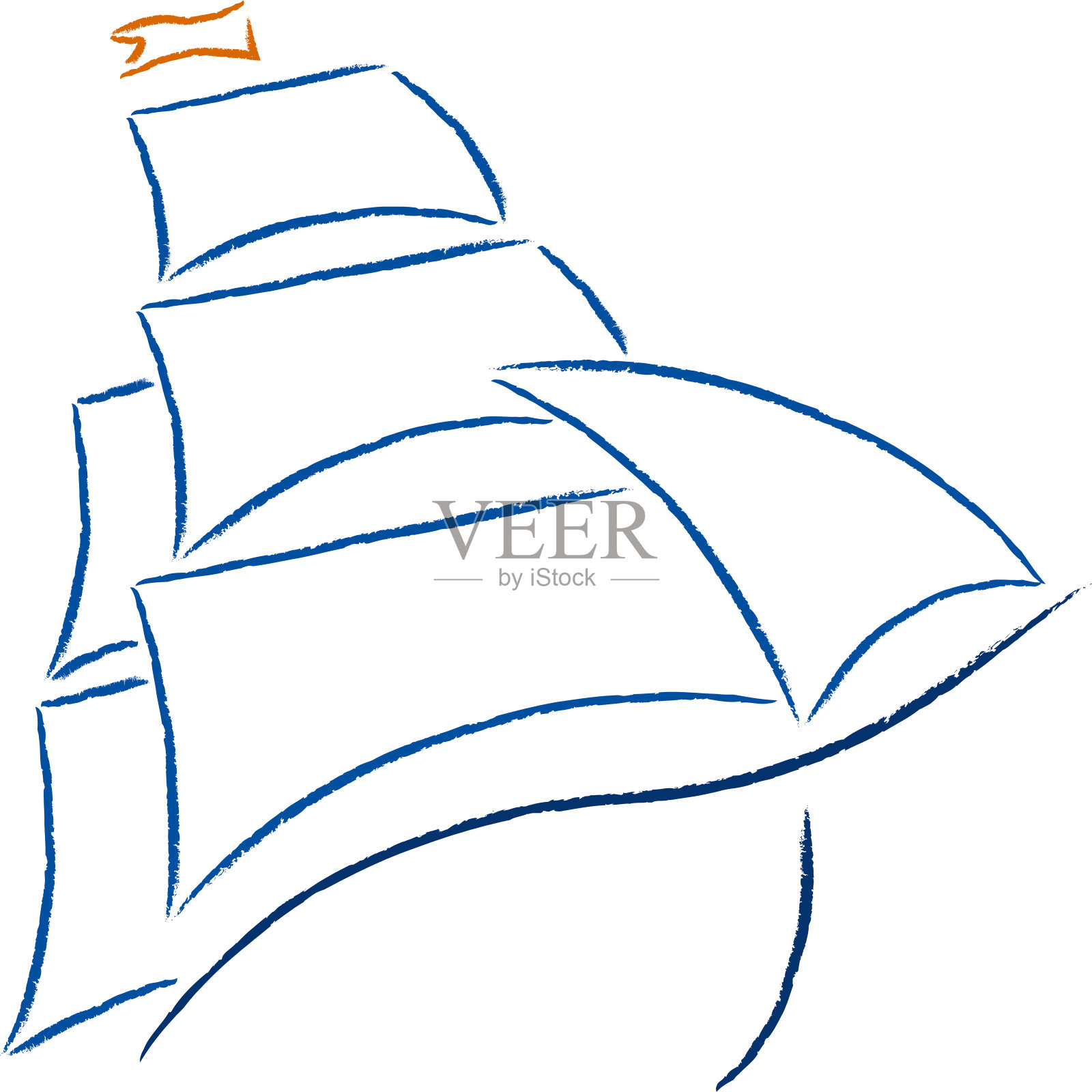 直线船图标与帆船图标在蓝色和橙色。插画图片素材