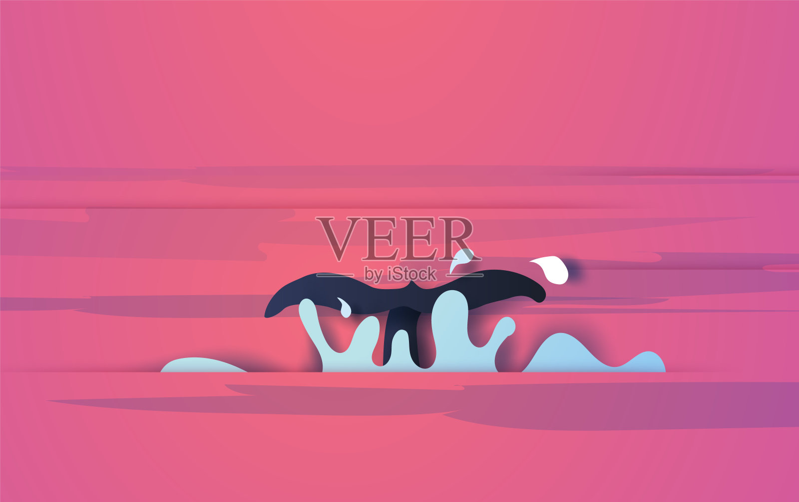 尾鲸在海景上的插图阳光蓝天,夏季季节概念,船在蓝天上漂浮在海上。平面设计海滨景观,纸工艺和剪纸创意,艺术向量。eps10插画图片素材