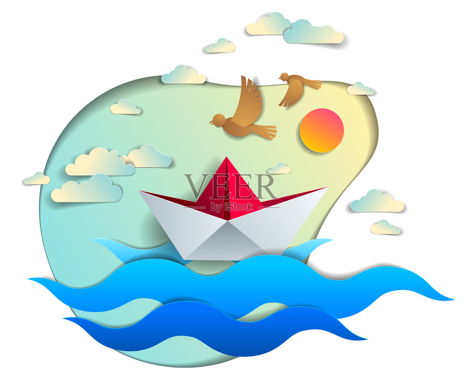 折纸船玩具在海浪中游泳,美丽的海景矢量插图,玩具船漂浮在海上,鸟儿在天空中。水上旅行,暑假。插画图片素材