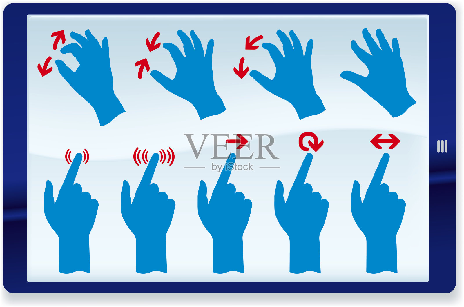 手用箭头图标放入平板电脑。手势符号。插画图片素材