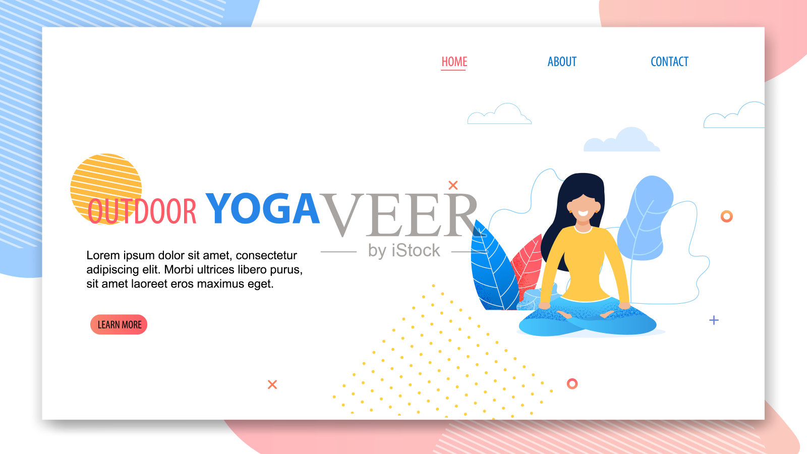 户外瑜伽:莲花坐姿的卡通女人插画图片素材