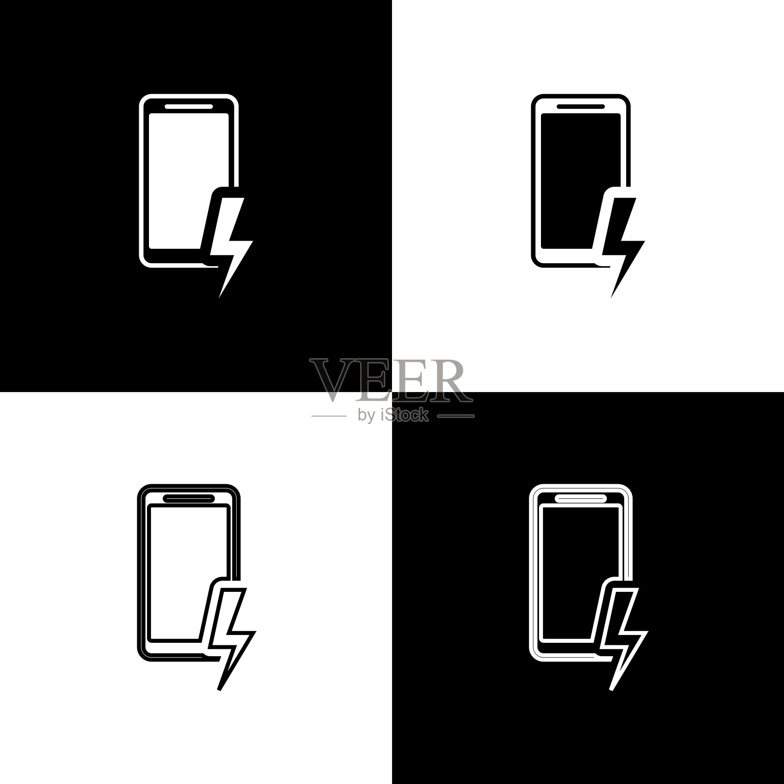 设置智能手机充电电池图标隔离图标隔离在黑白背景。电量不足的手机。矢量图插画图片素材