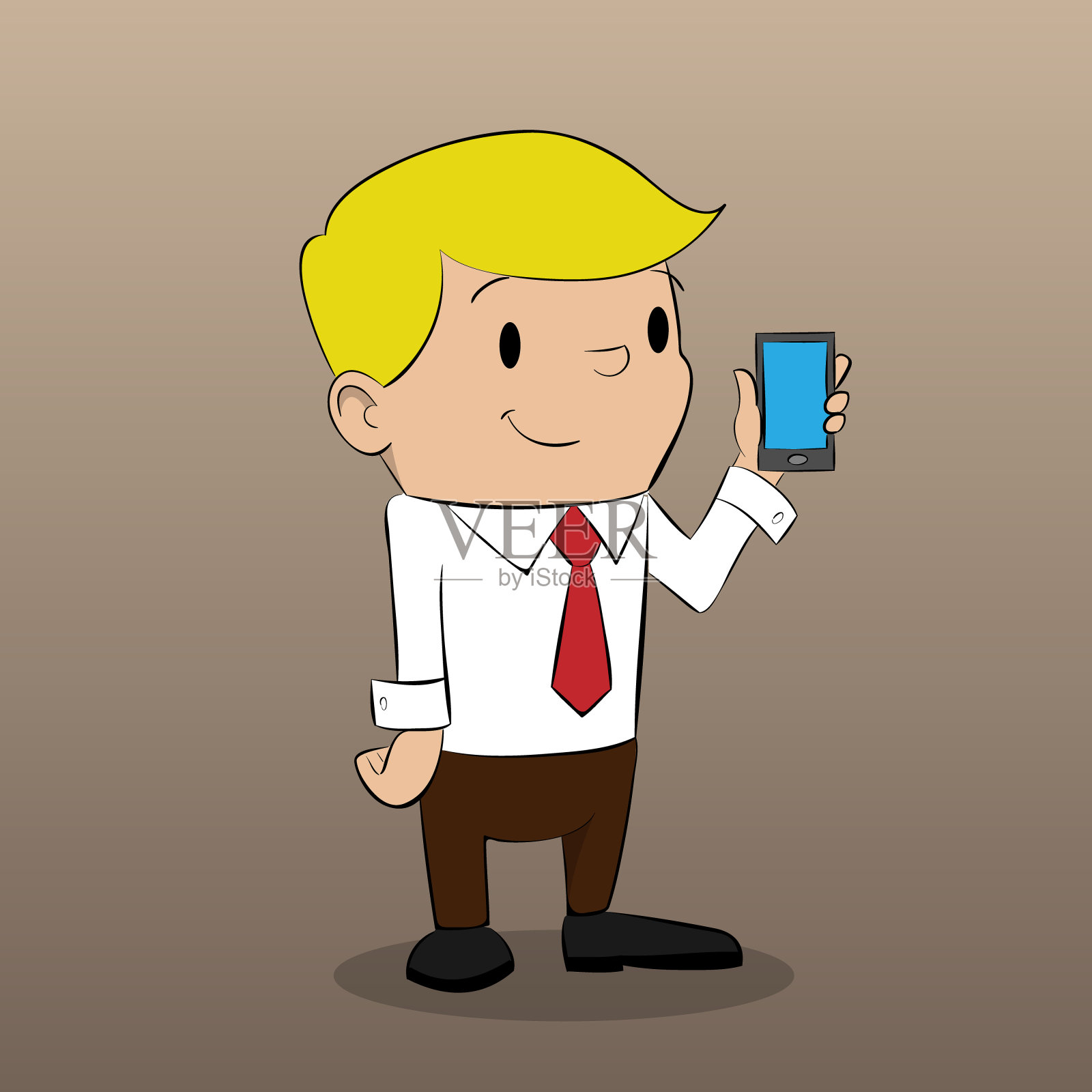 卡通商人一只手拿着手机插画图片素材