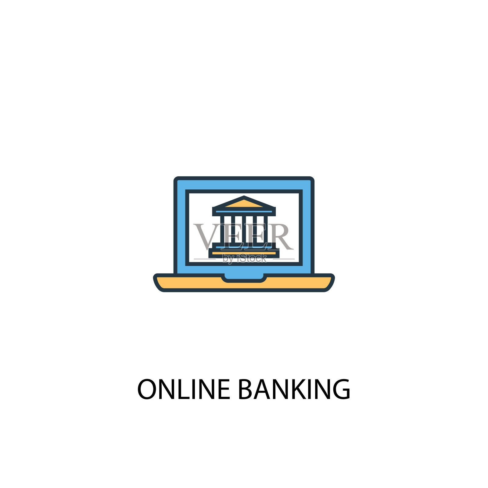 网上银行概念2彩色线条图标。简单的黄色和蓝色元素插图。网上银行概念轮廓符号设计插画图片素材