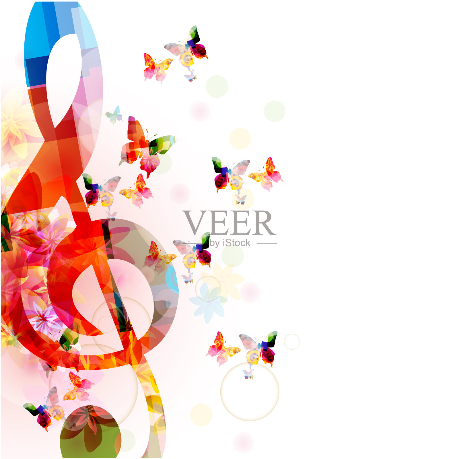 音乐背景与彩色的g谱号和蝴蝶插画图片素材