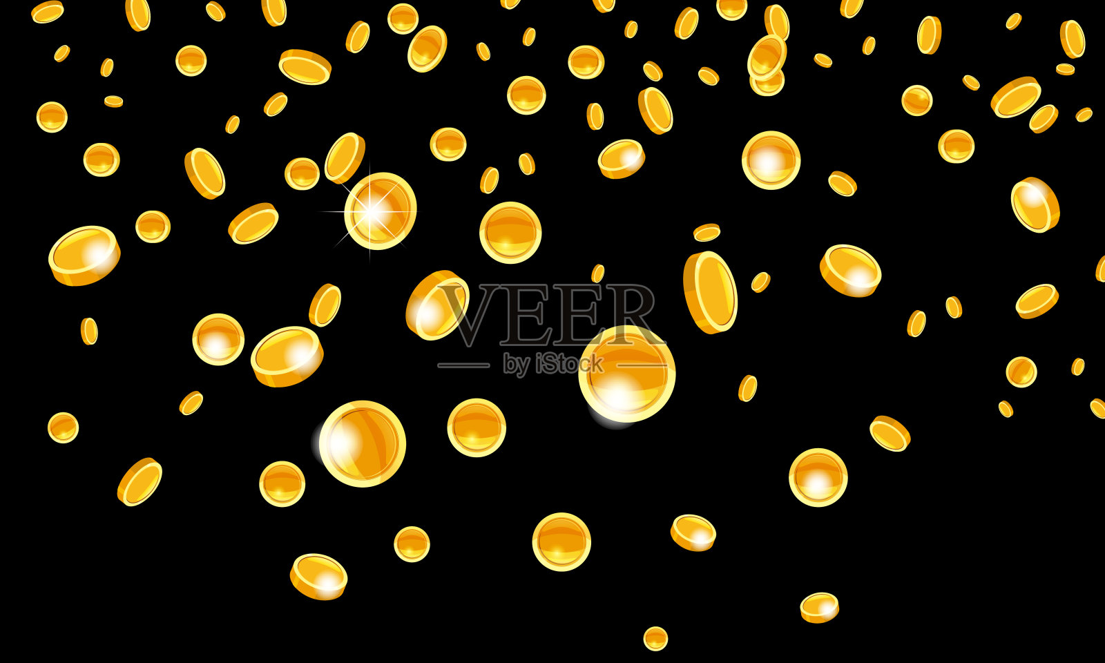 金币飞落,金币从天而降,金雨从天而降。在黑色的背景上。头奖或成功的概念。矢量插图孤立插画图片素材