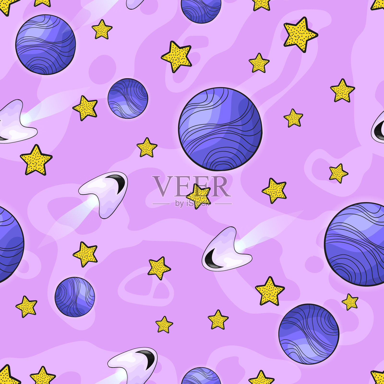 矢量手画无缝模式与线条艺术的幼稚宇宙元素行星,月球,火箭和星星,抽象彩色斑点。背景与小行星和宇宙飞船卡通风格插画图片素材