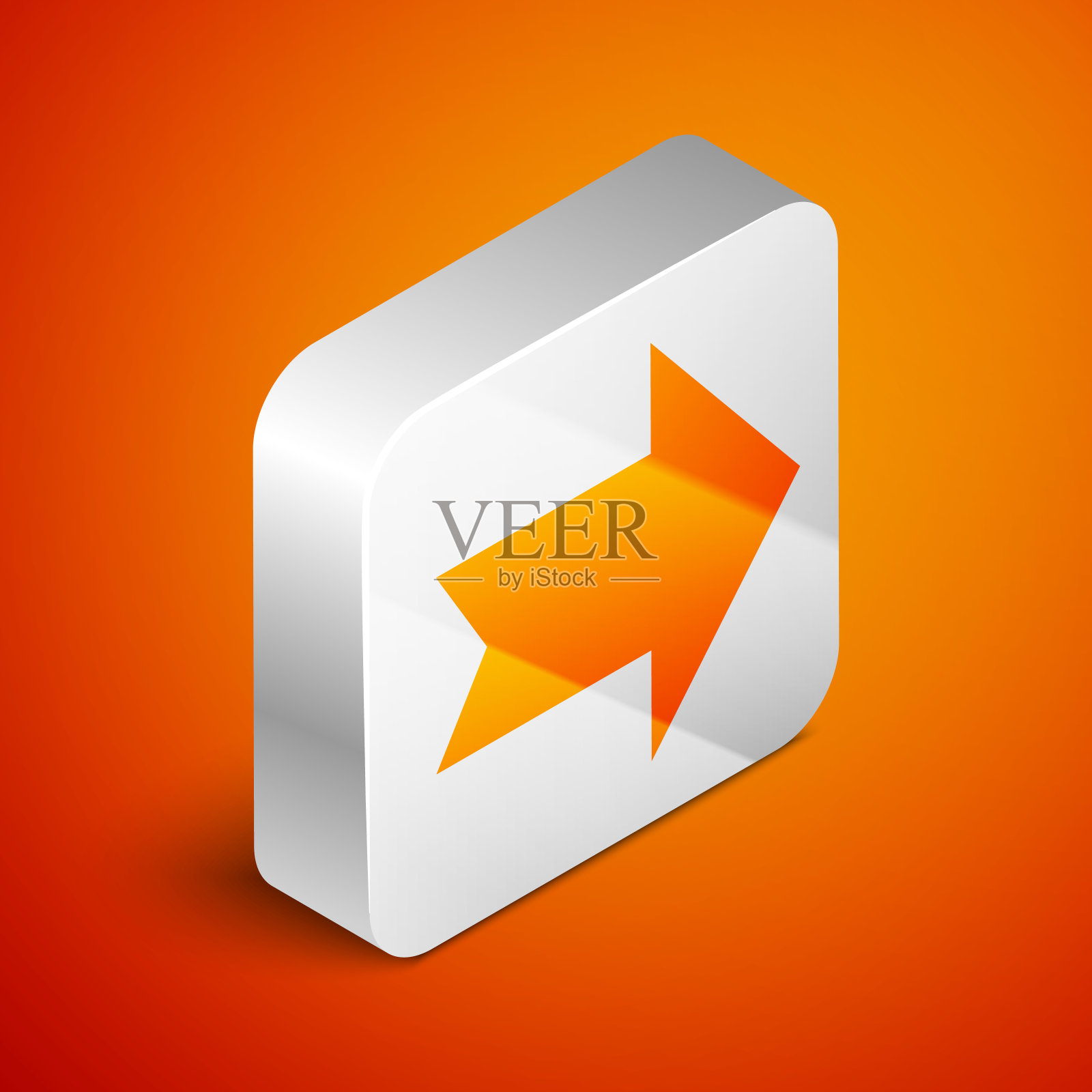 等距箭头图标孤立在橙色背景。方向箭头符号。导航指针的迹象。银广场按钮。矢量图设计元素图片