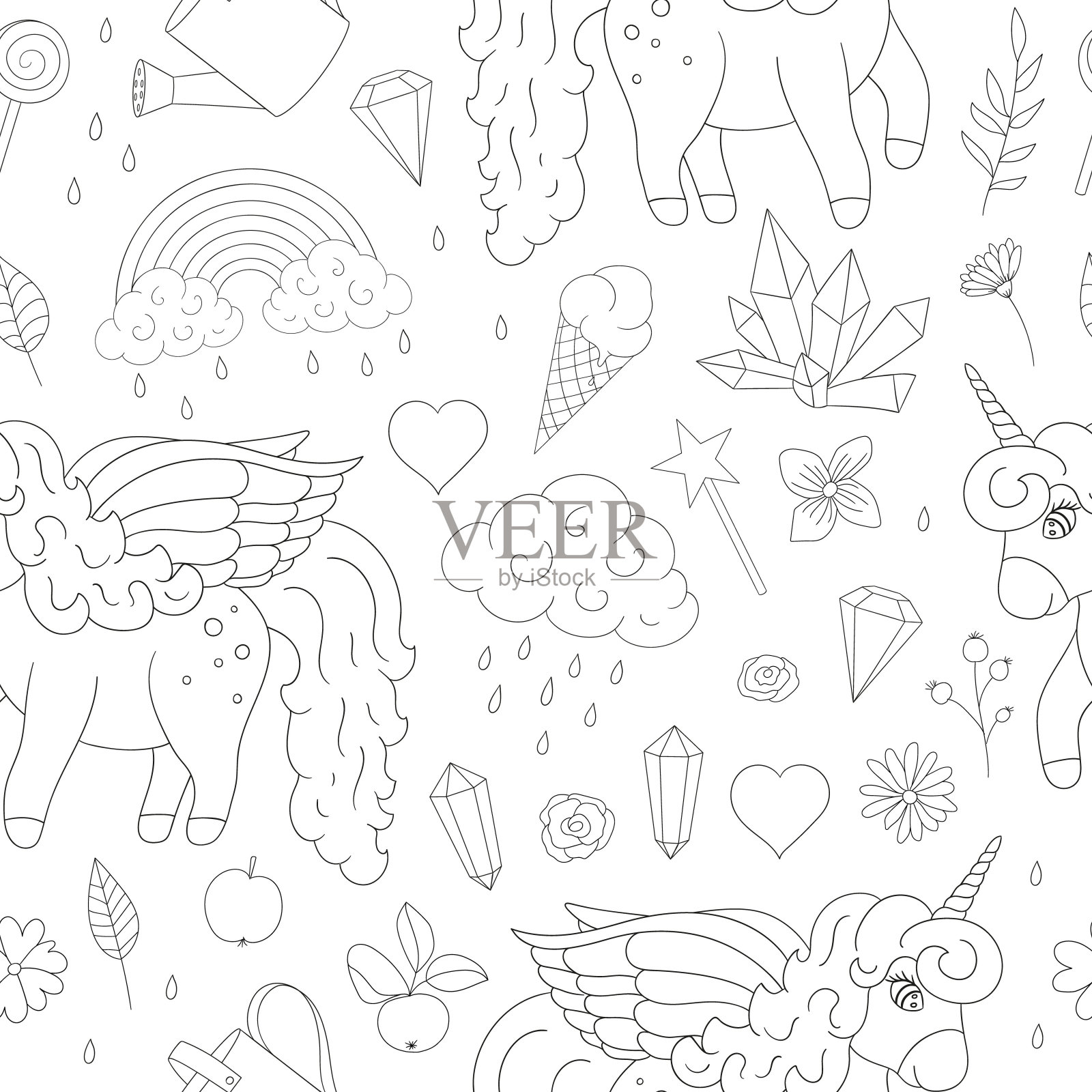 矢量无缝图案可爱的独角兽,彩虹,云彩,水晶,心形,花卉轮廓。甜美少女的插图。童话般的魔法花园的素描。适用于纺织、文具、印刷品、横幅。插画图片素材