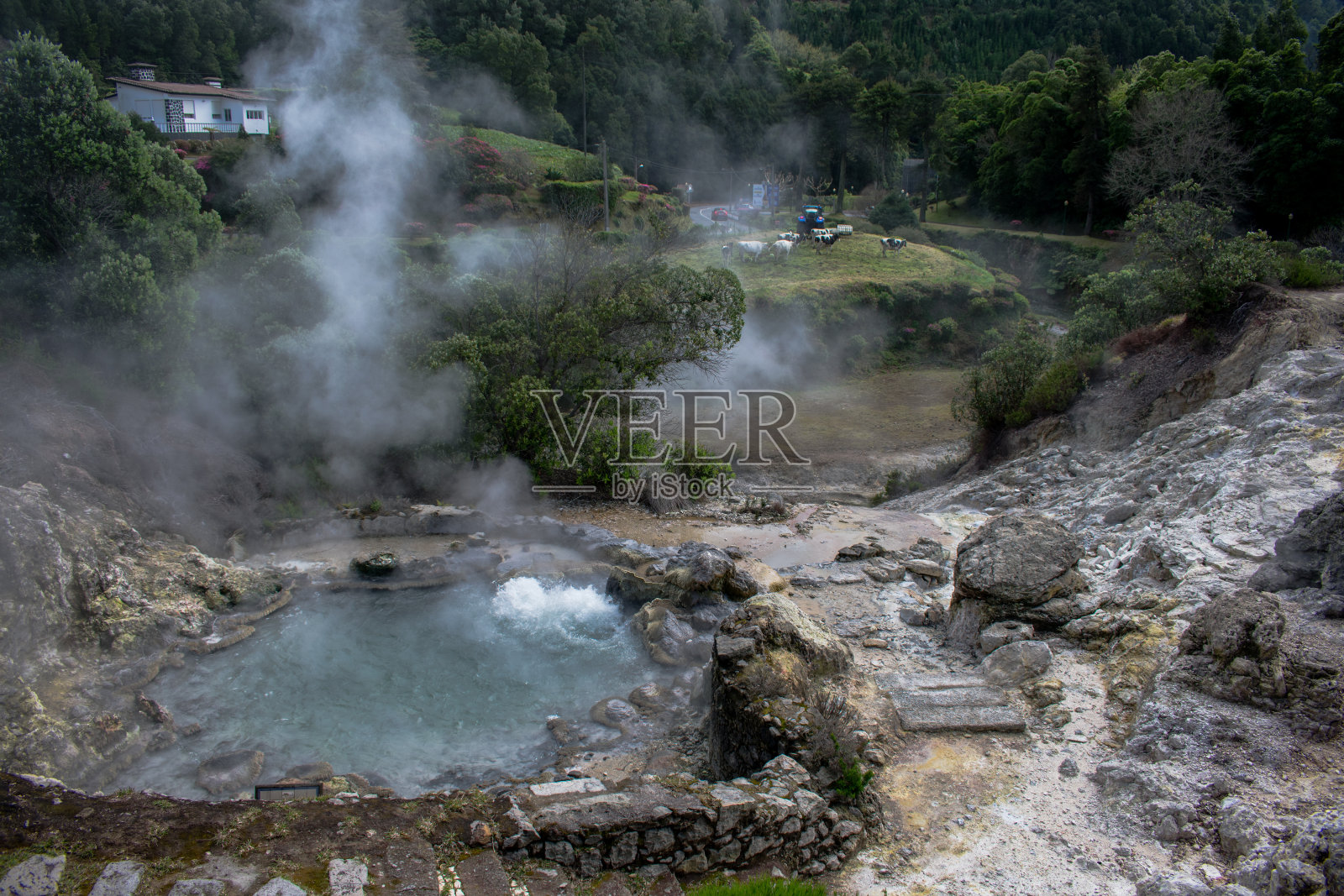 葡萄牙亚速尔群岛圣米格尔岛弗纳斯山谷的间歇泉。照片摄影图片
