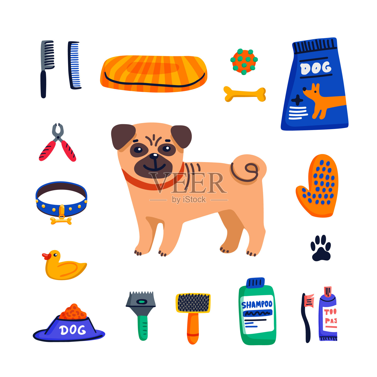 宠物护理的概念。可爱的哈巴狗和狗护理商品在白色的背景。狗的照顾,美容,卫生,健康。宠物店,配件。平面风格矢量插图。插画图片素材