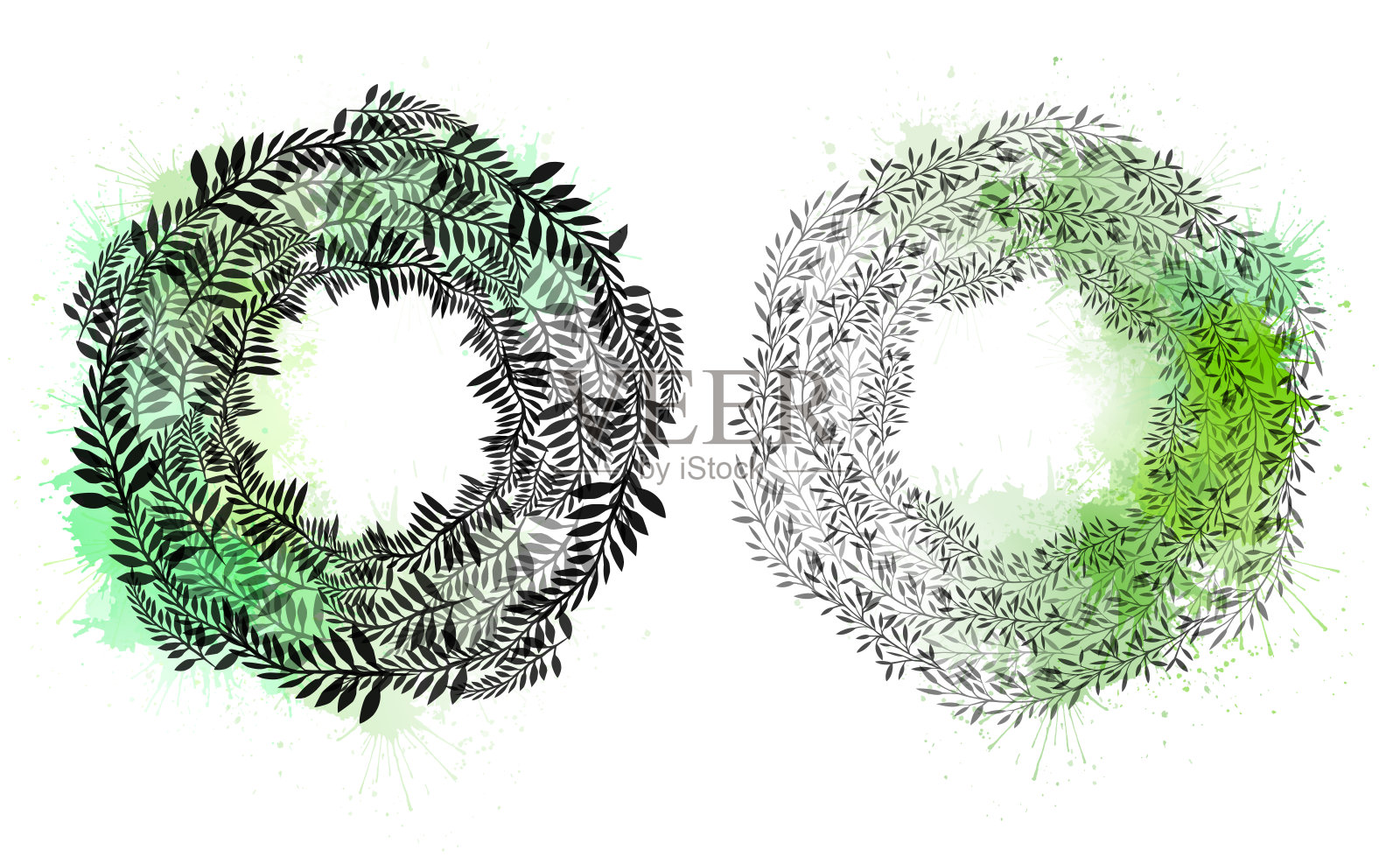 圆形花环合集,包含植物和树枝与水彩飞溅,与背景分离,圆形框架插画图片素材
