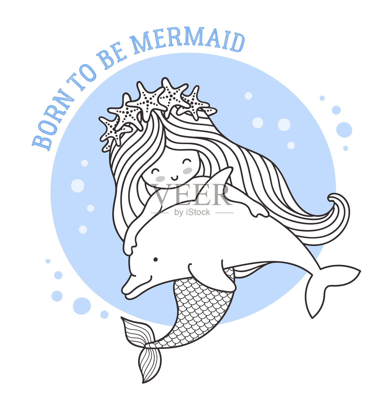 小美人鱼和海豚一起漂浮。友谊。生来就是美人鱼。插画图片素材