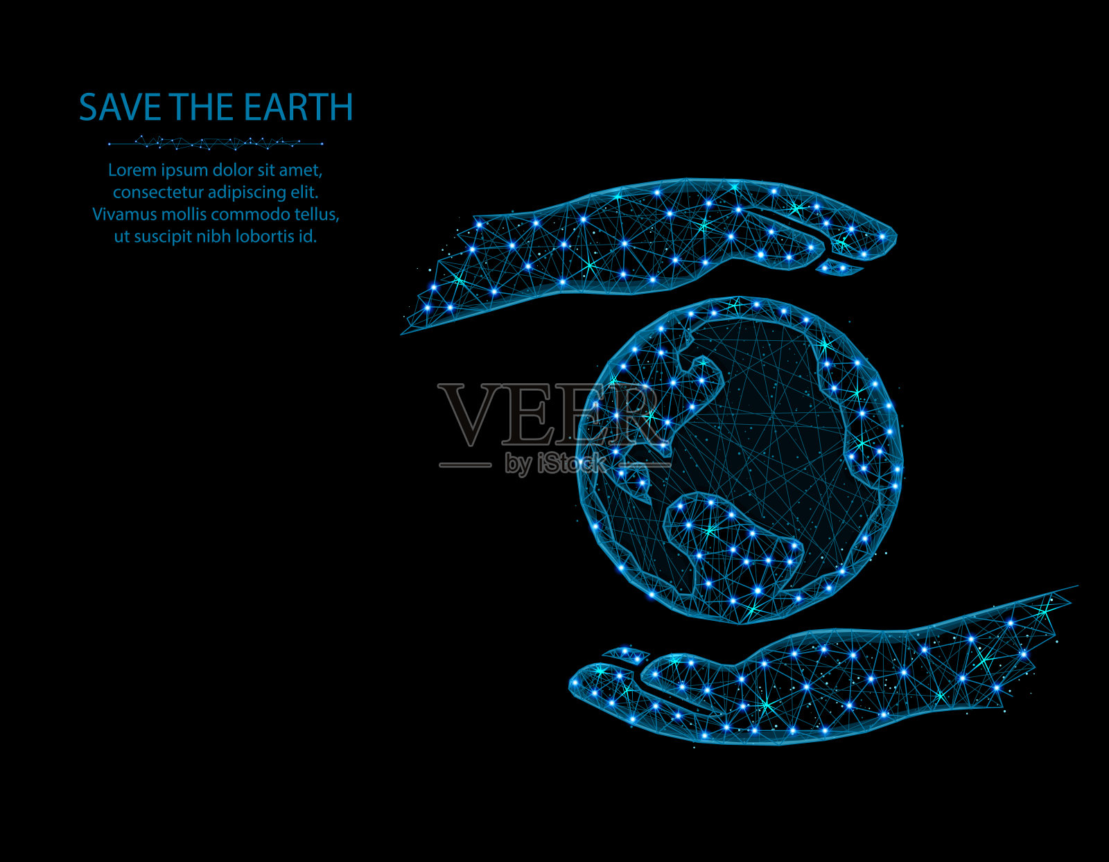 手握行星低多边形设计,保存在多边形风格的地球,保护环境矢量插图上的黑色背景插画图片素材