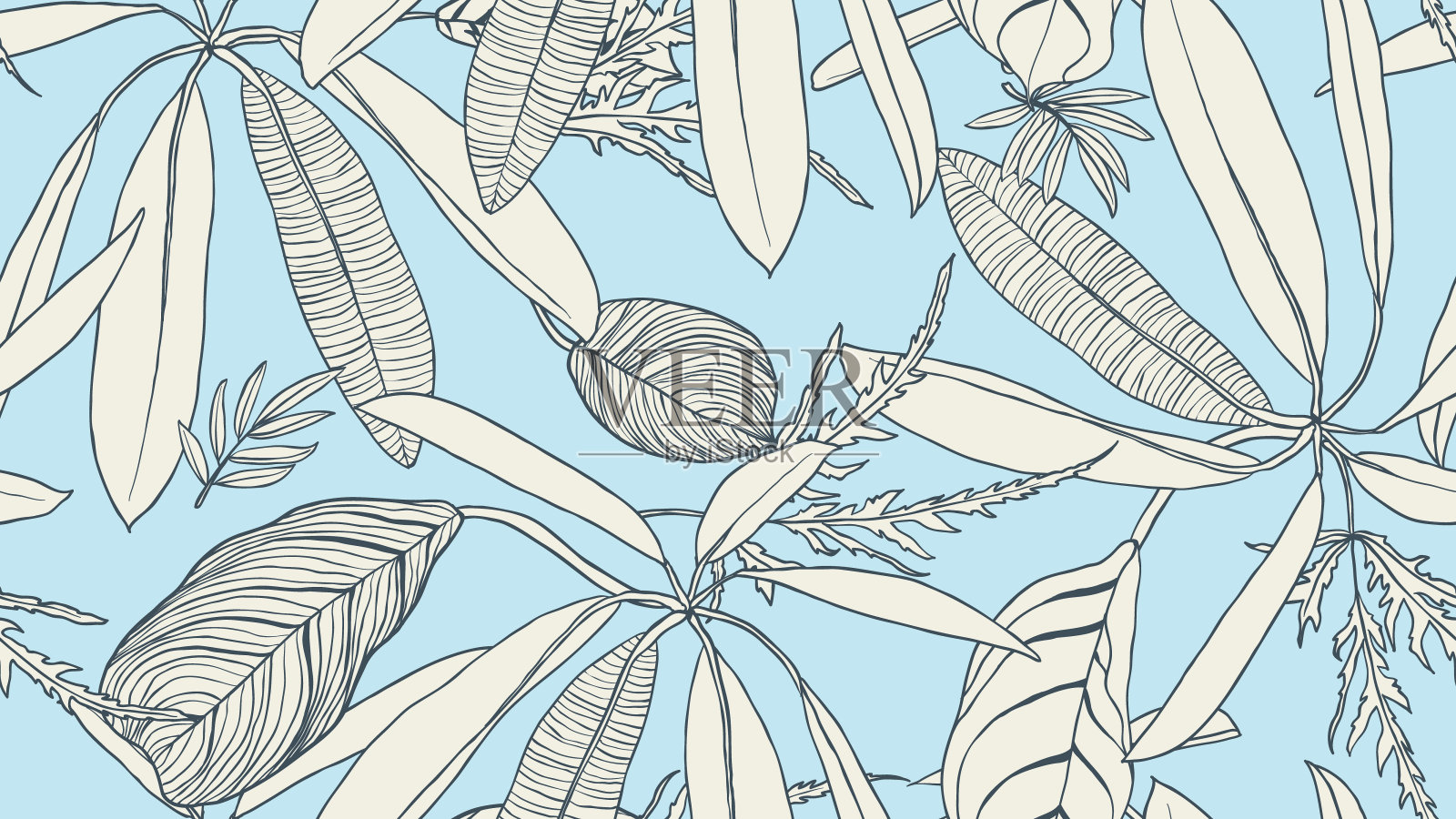 叶面无缝花纹,浅棕色叶面蓝底色,线条艺术墨画复古风格插画图片素材