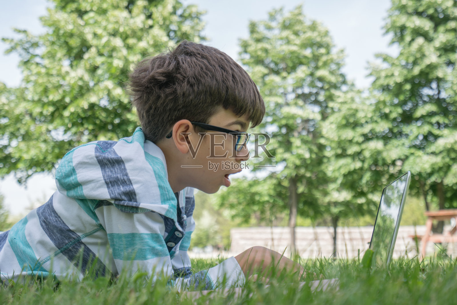 男孩在绿地里用笔记本电脑工作。照片摄影图片