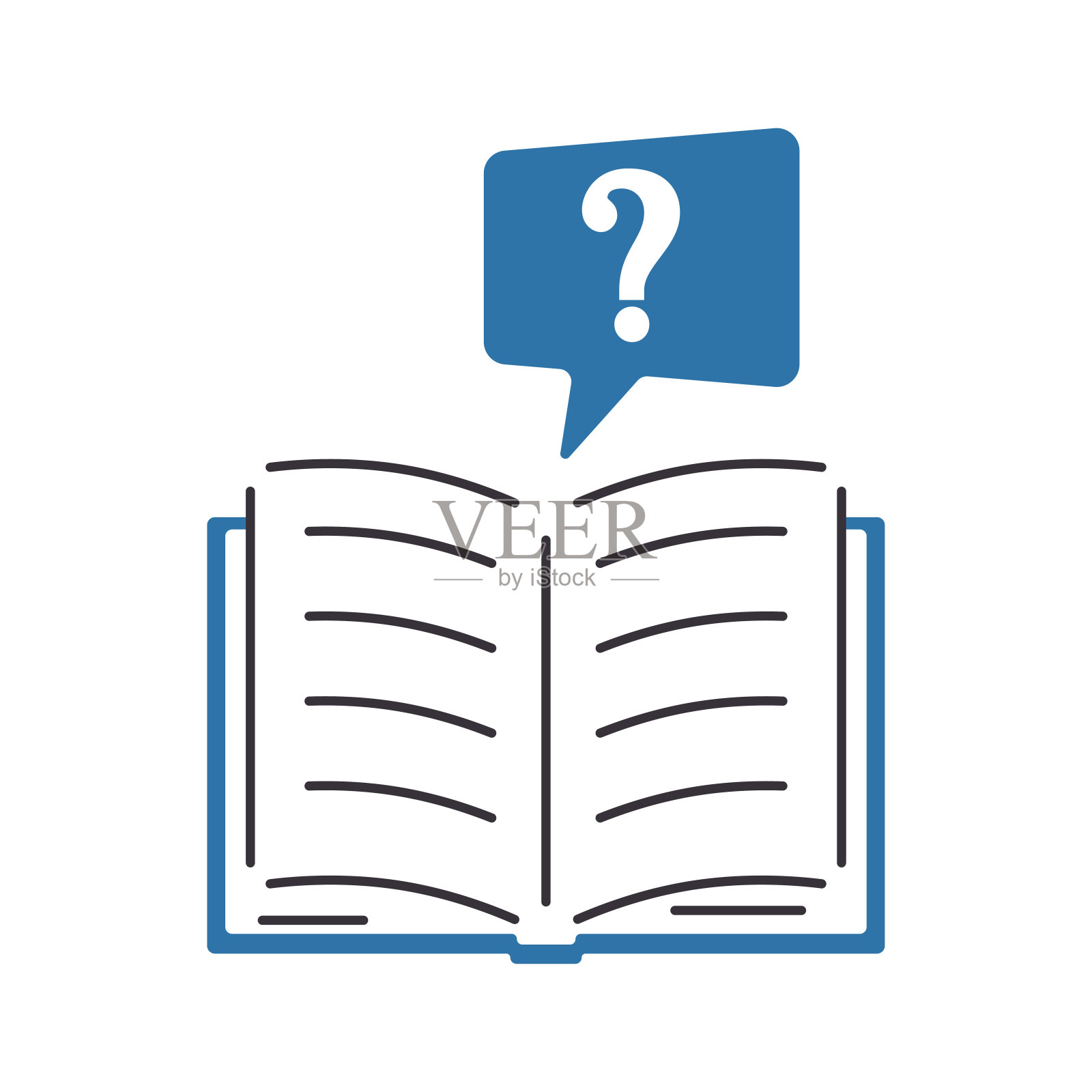 翻开书,写上问号。颜色图标在平面风格。设计常见问题、帮助、学习的符号。插画图片素材