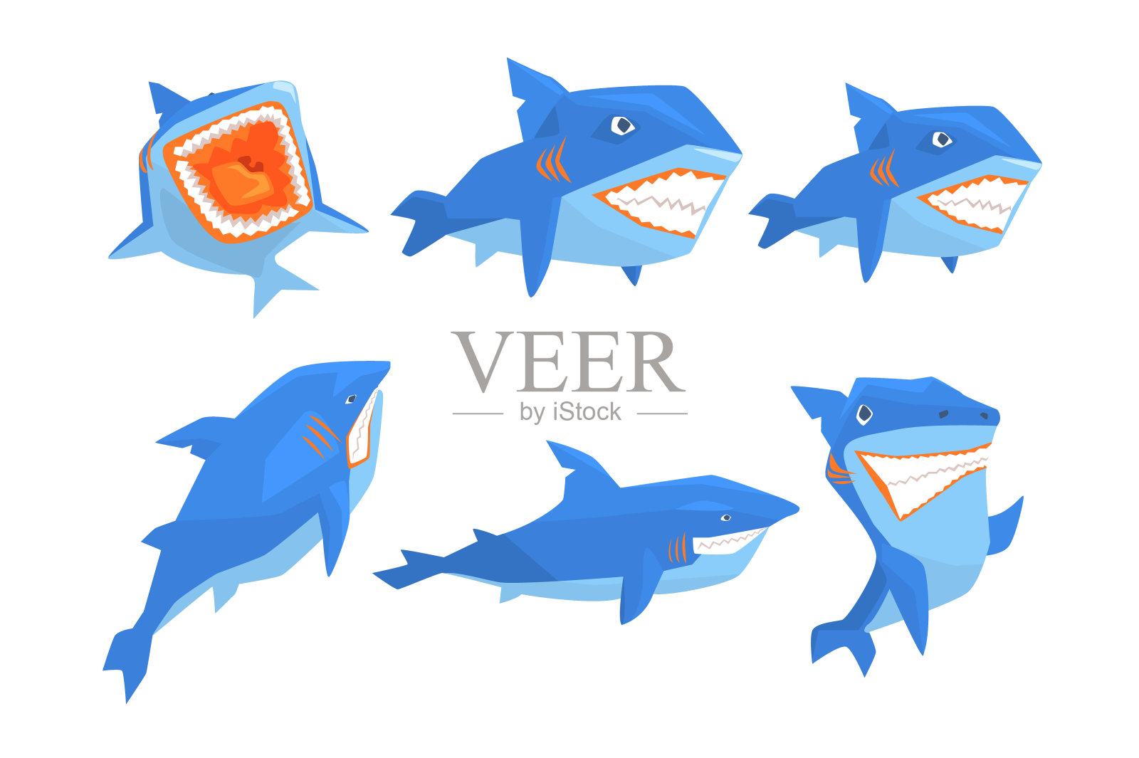 不同姿态的蓝鲨平面矢量集。背部有锋利牙齿和大鳍的海洋动物。手机游戏的元素插画图片素材