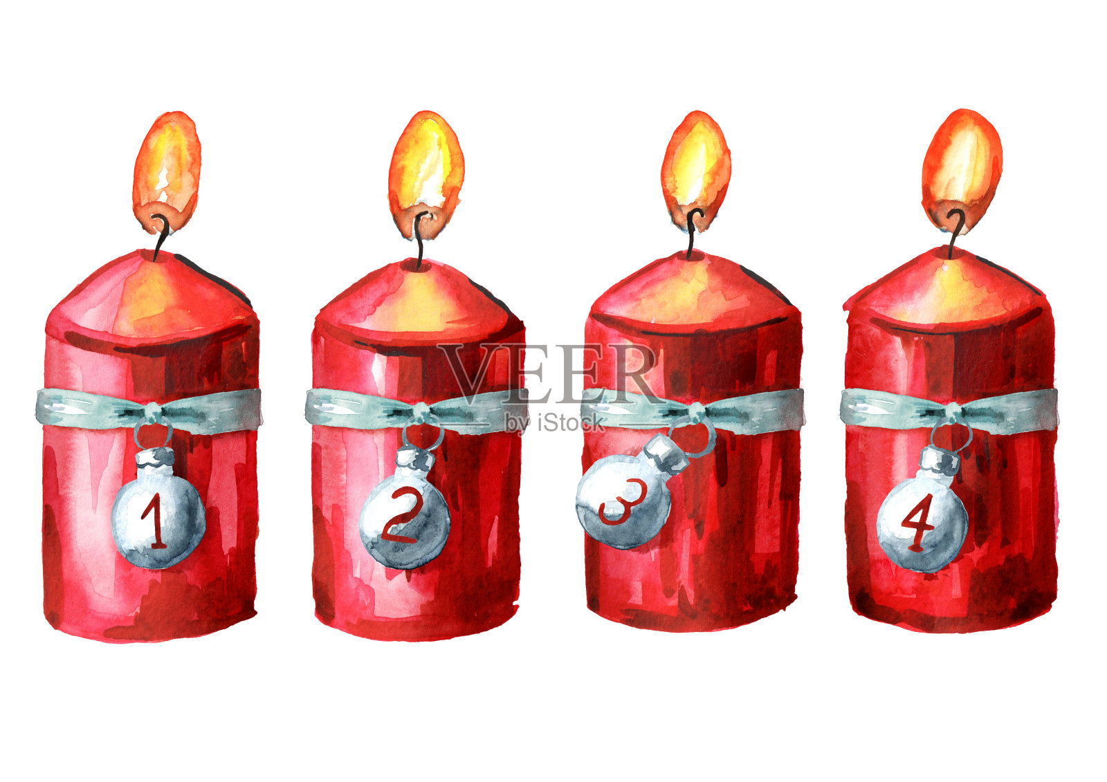 四支降临节红蜡烛,第四套。水彩手绘插图,孤立的白色背景插画图片素材