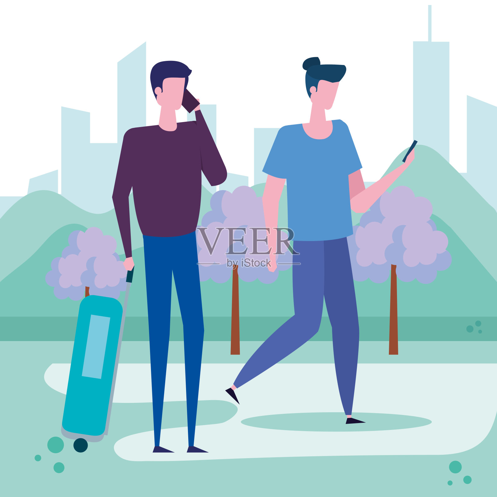 男人穿着休闲的衣服,拿着智能手机插画图片素材