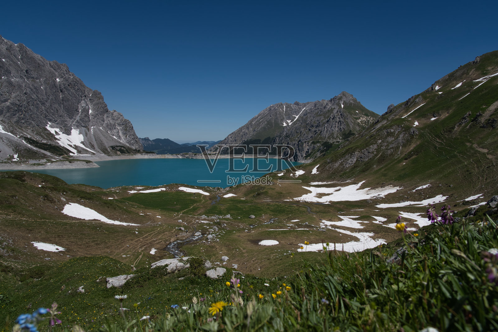 夏天有山,有湖,有花,有雪照片摄影图片