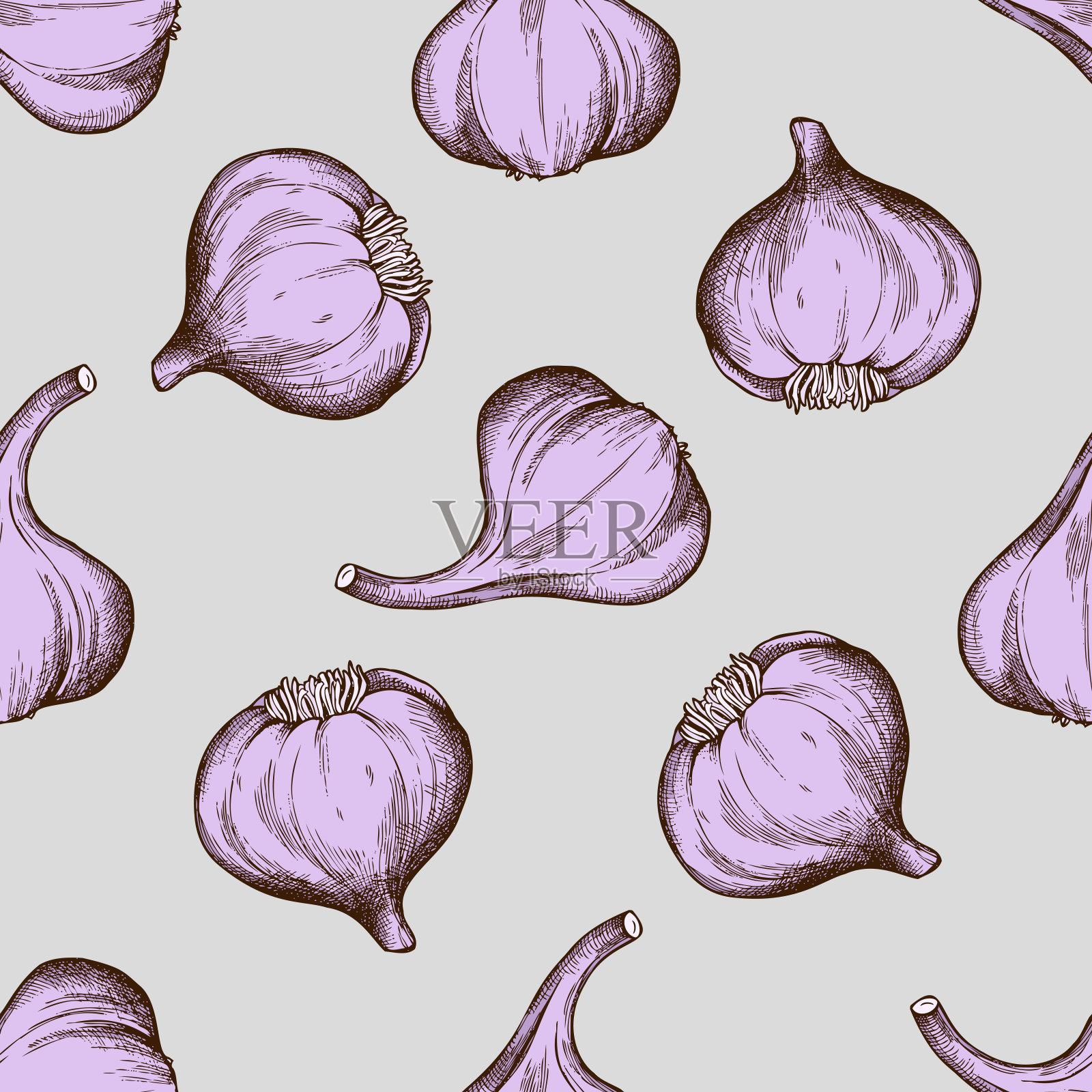 无缝图案与手绘彩色大蒜插画图片素材